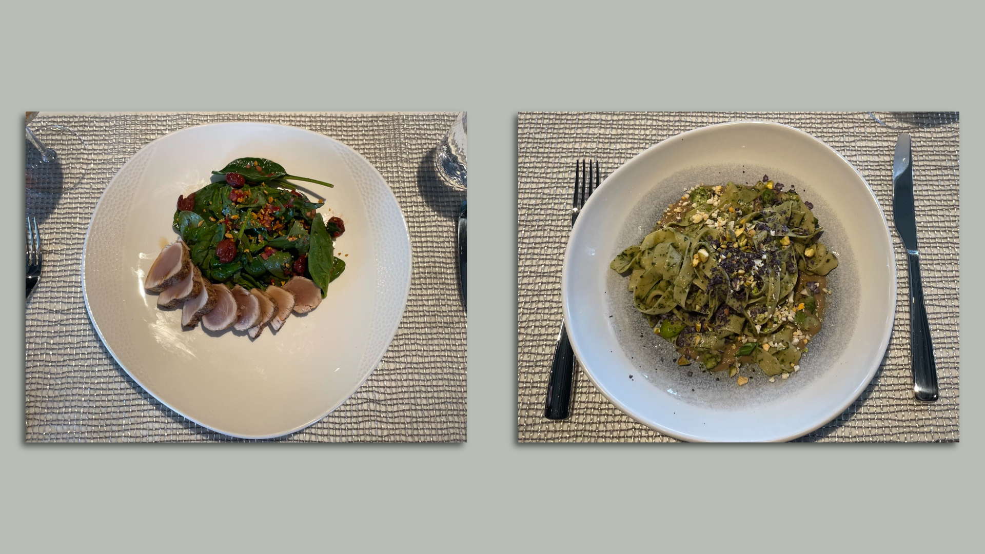 Two images side by side, one depicting a salad with smoked fish and the other showing a bowl of pesto pasta.