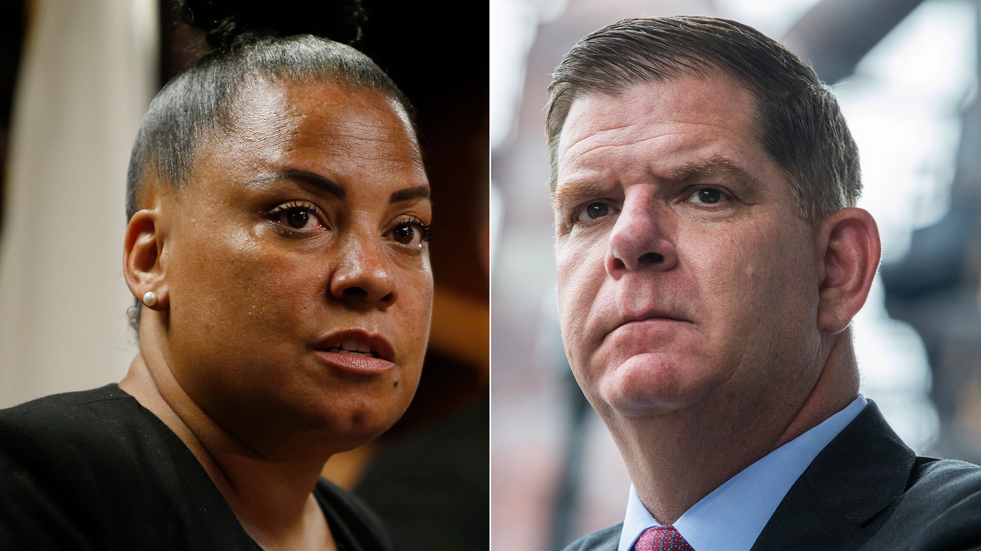 U.S. attorney finalist Rachael Rollins is seen juxtaposed with Labor Secretary Marty Walsh.