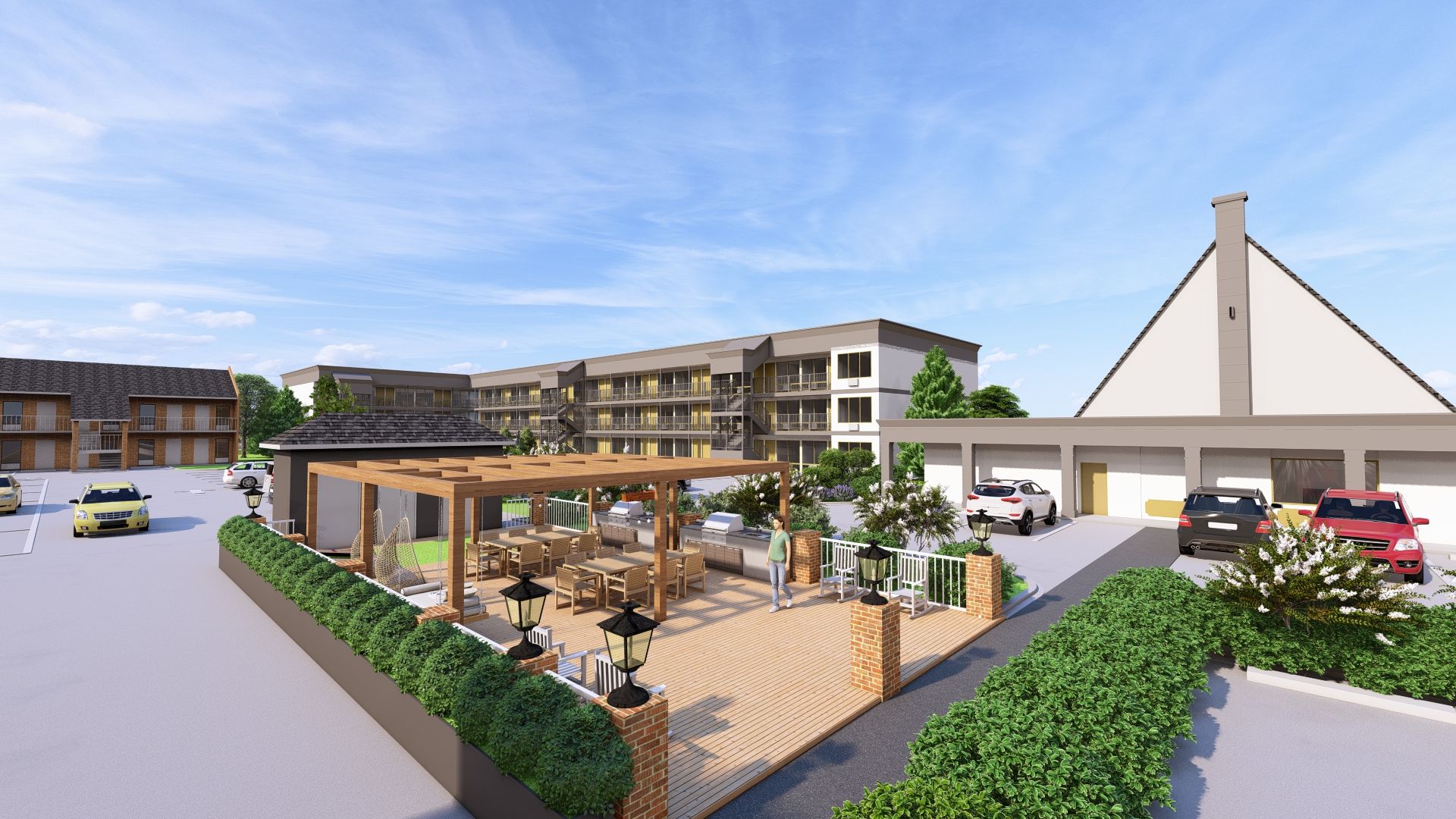 Outdoor patio area with wooden pergola, tables, chairs, grills, and greenery surrounded by parked cars and multi-story buildings under a blue sky.