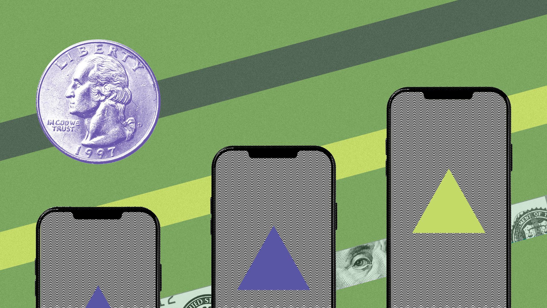 Illustration of a collage featuring three smartphones and pieces of money.