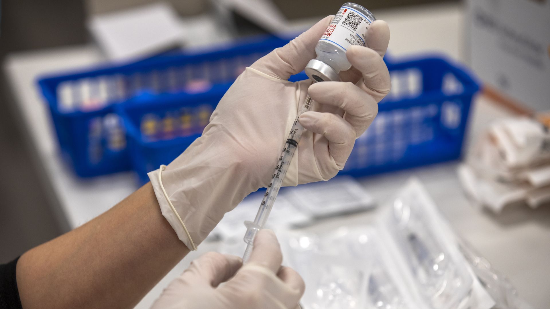 Dosage of Moderna Covid-19 vaccine are being prepared to give to patients.