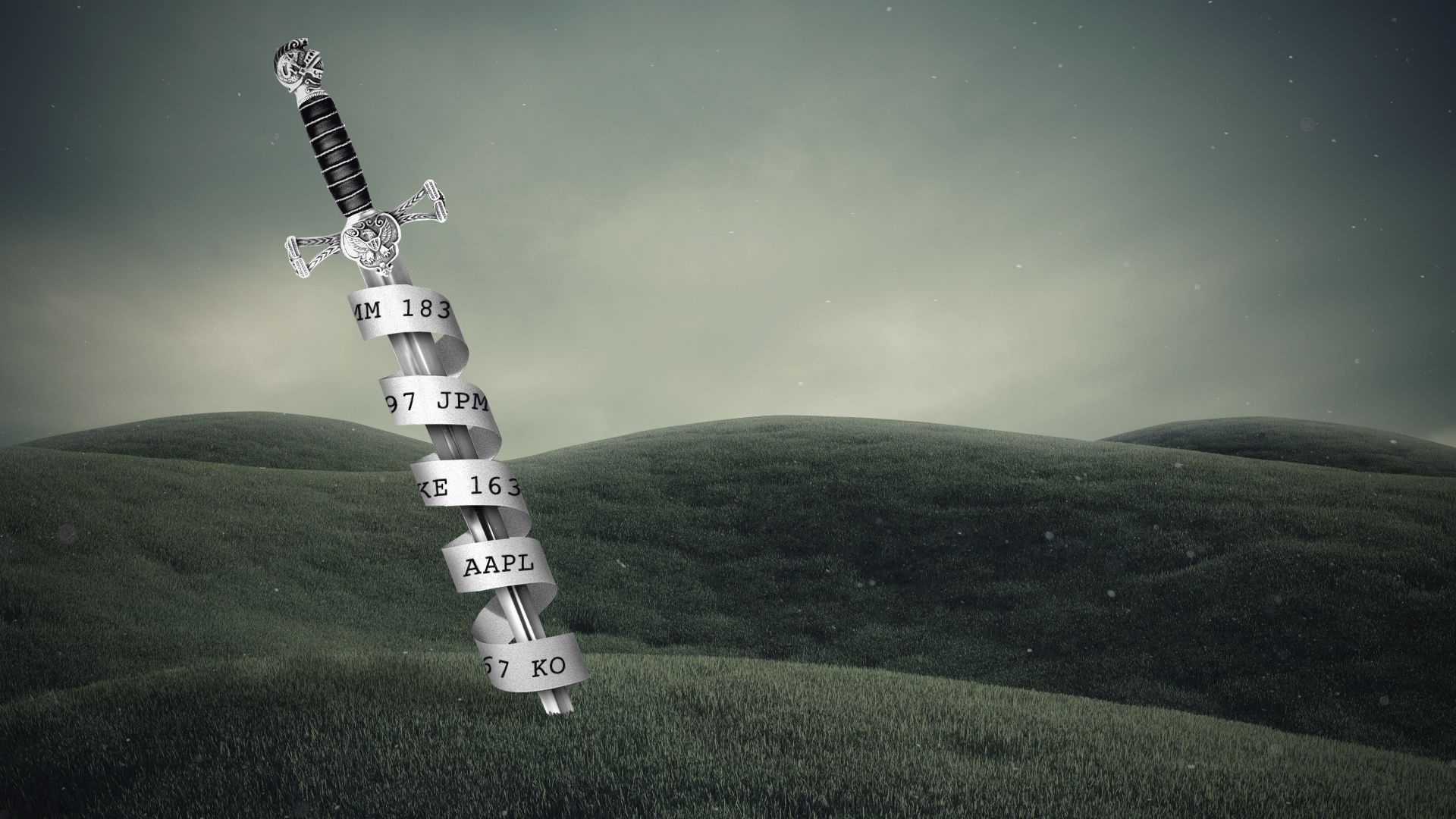 Illustration of a sword in a field with ticker tape wrapped around its blade.