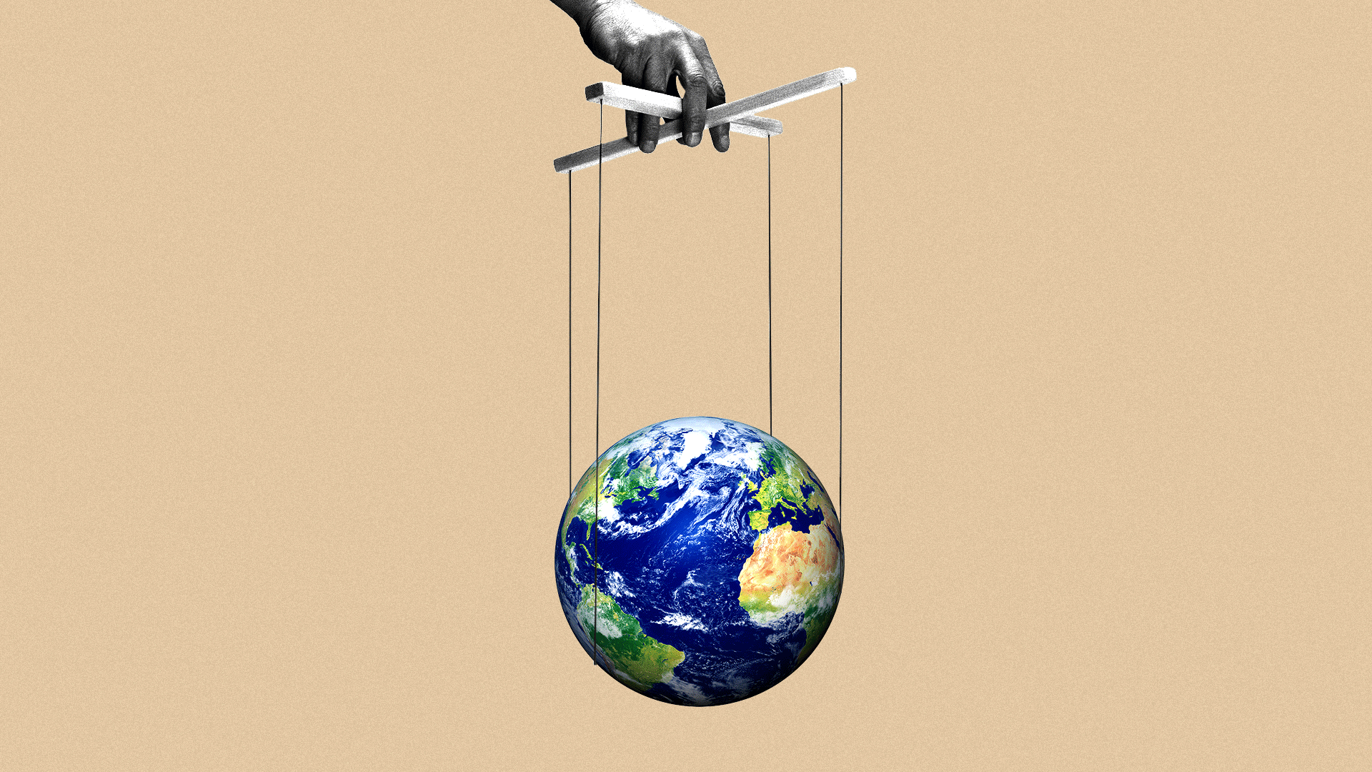 Illustration of the globe hanging from marionette strings.