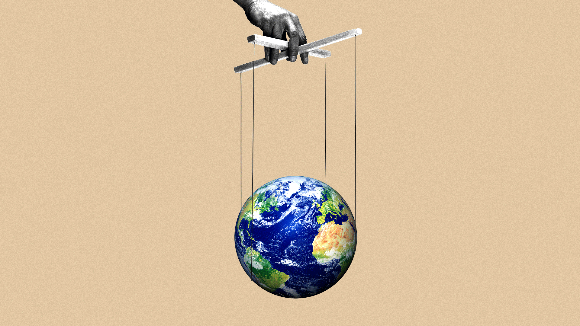 Illustration of the globe hanging from marionette strings. 