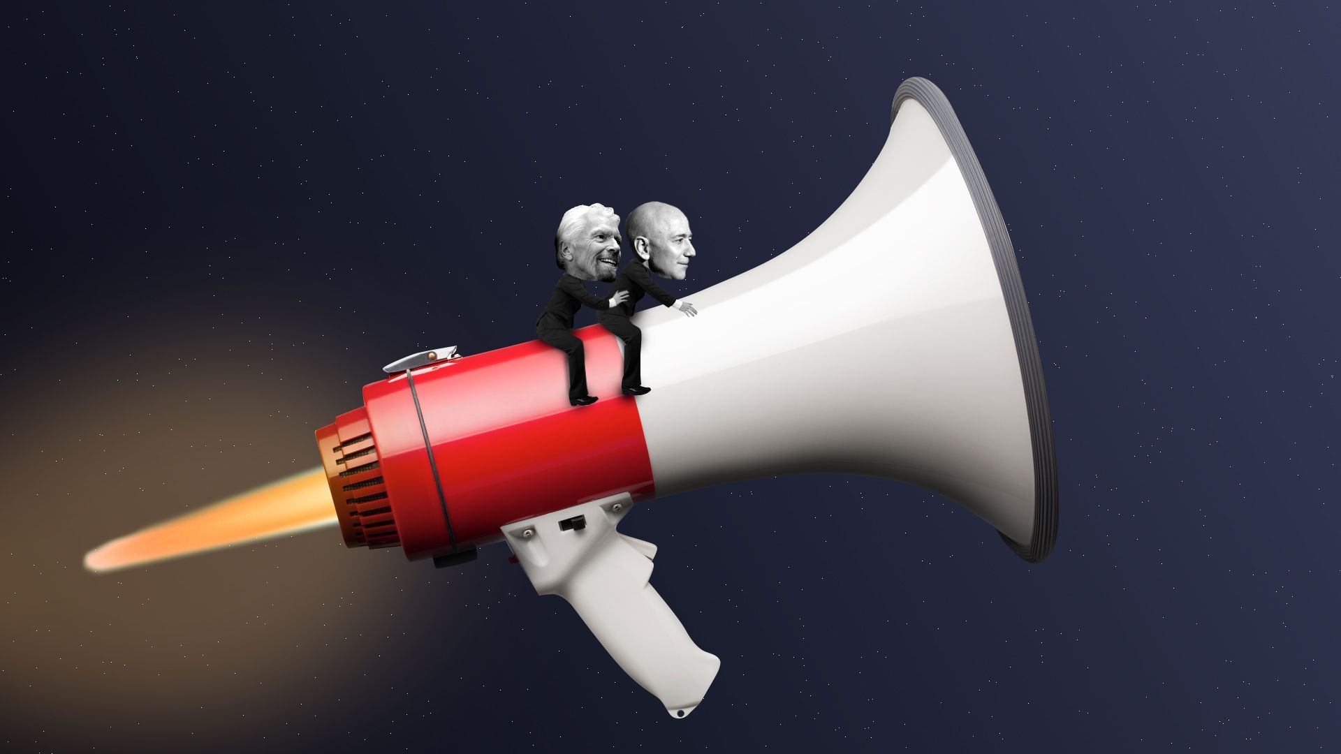 Photo illustration of RIchard Branson and Jeff Bezos riding a bullhorn into space. 