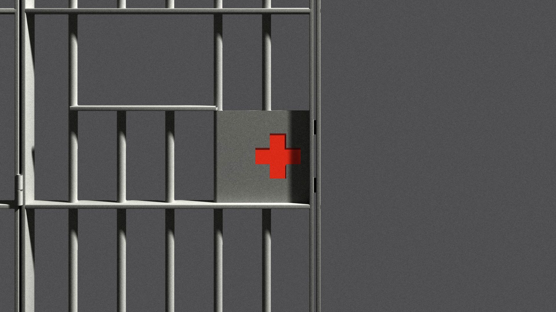 Illustration of a red cross-shaped keyhole on a jail cell door.