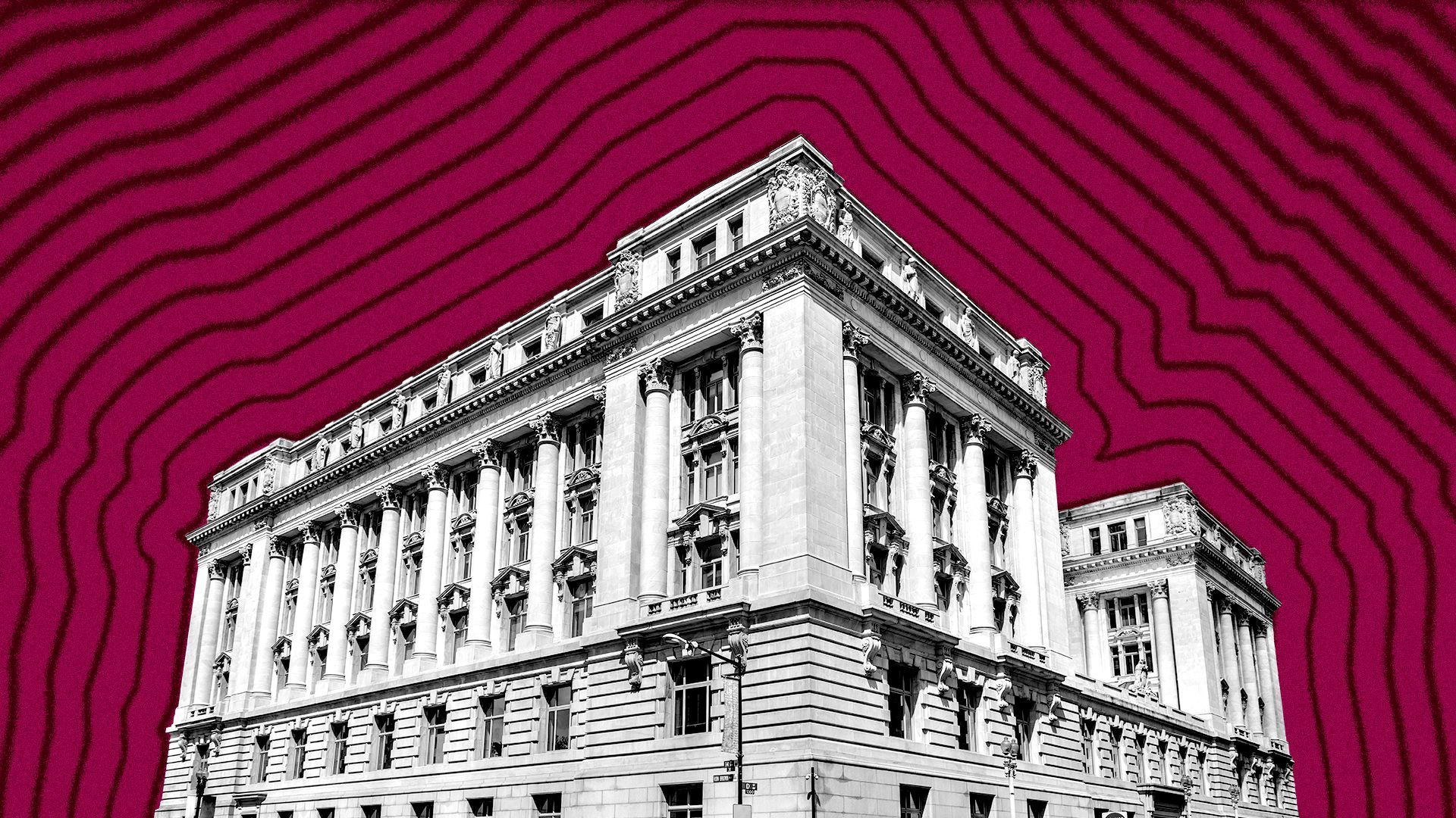 Illustration of the Wilson building in Washington with lines radiating from it. 