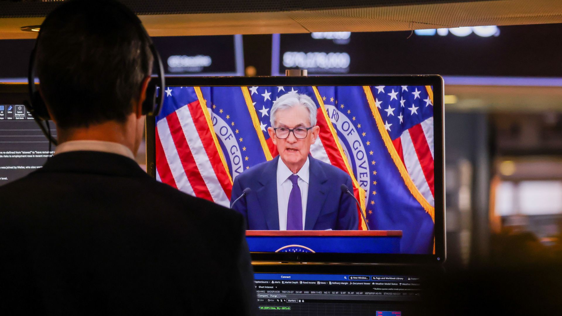 A livestream shows Jerome Powell, chairman of the US Federal Reserve, speaking after a Federal Open Market Committee (FOMC) meeting on the floor of the New York Stock Exchange (NYSE) in New York, US