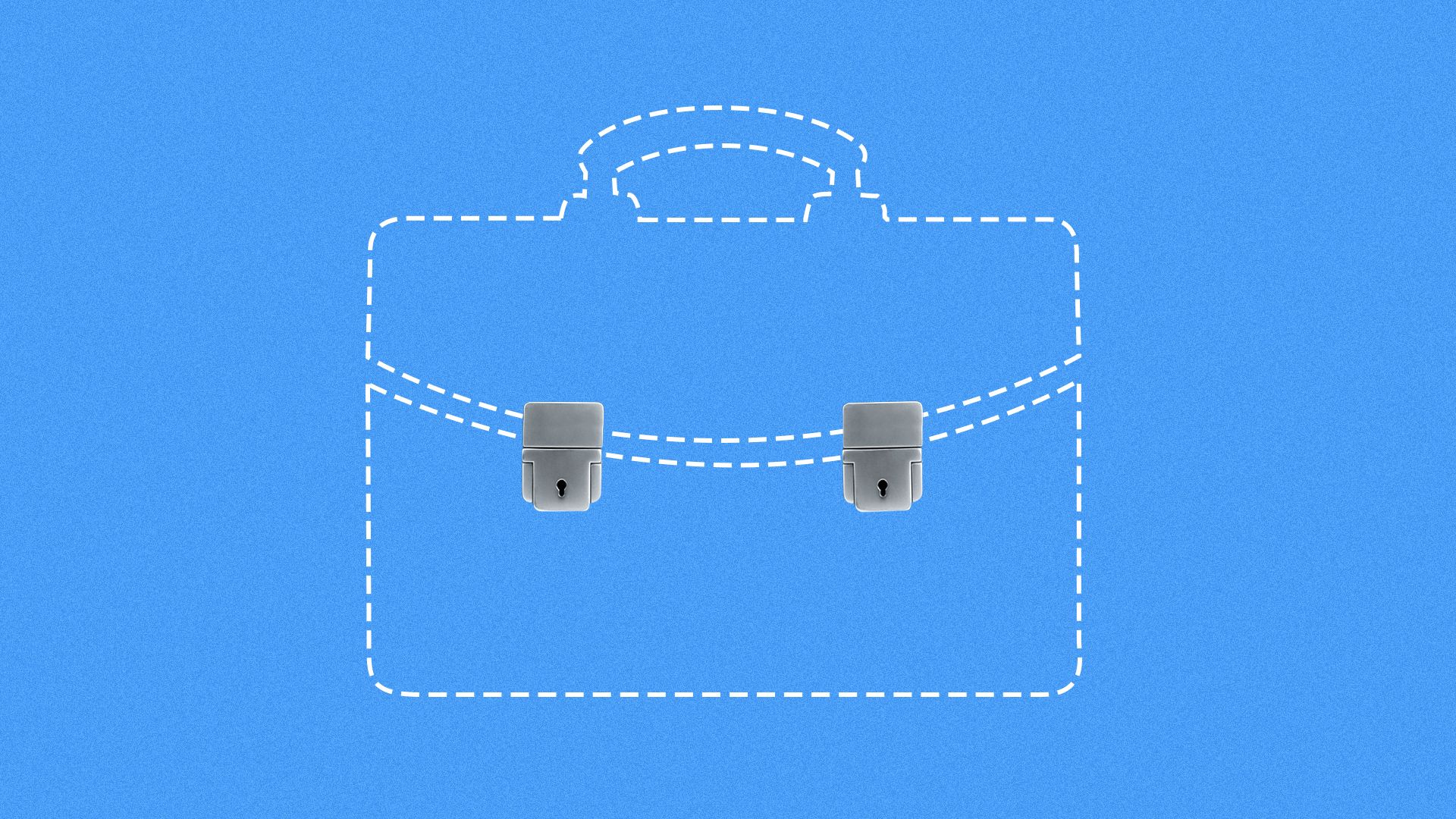 Illustration of a briefcase shape made from a dotted outline with real buckles.