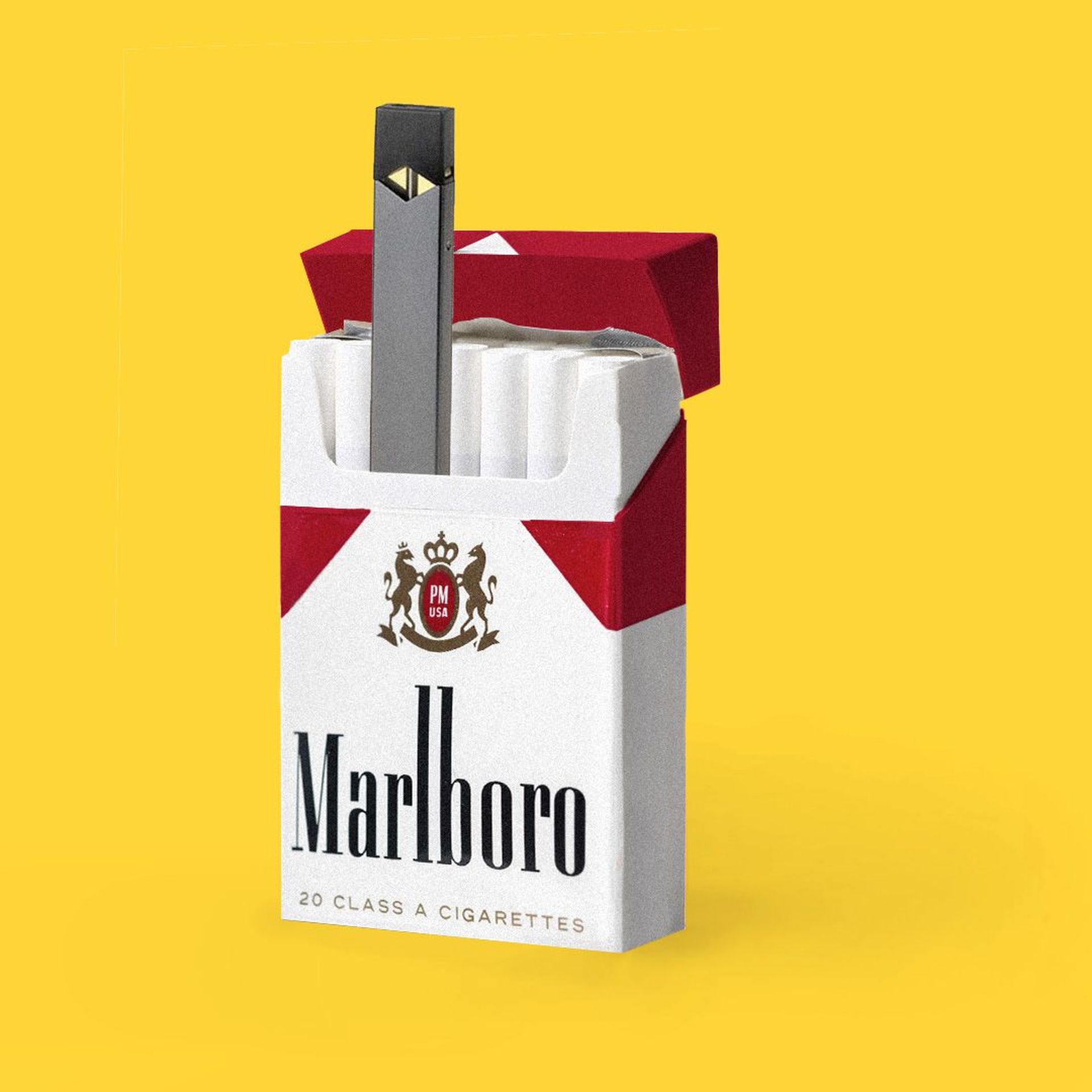 Illustration of Juul vape sticking out of a pack of Marlboro cigarettes.