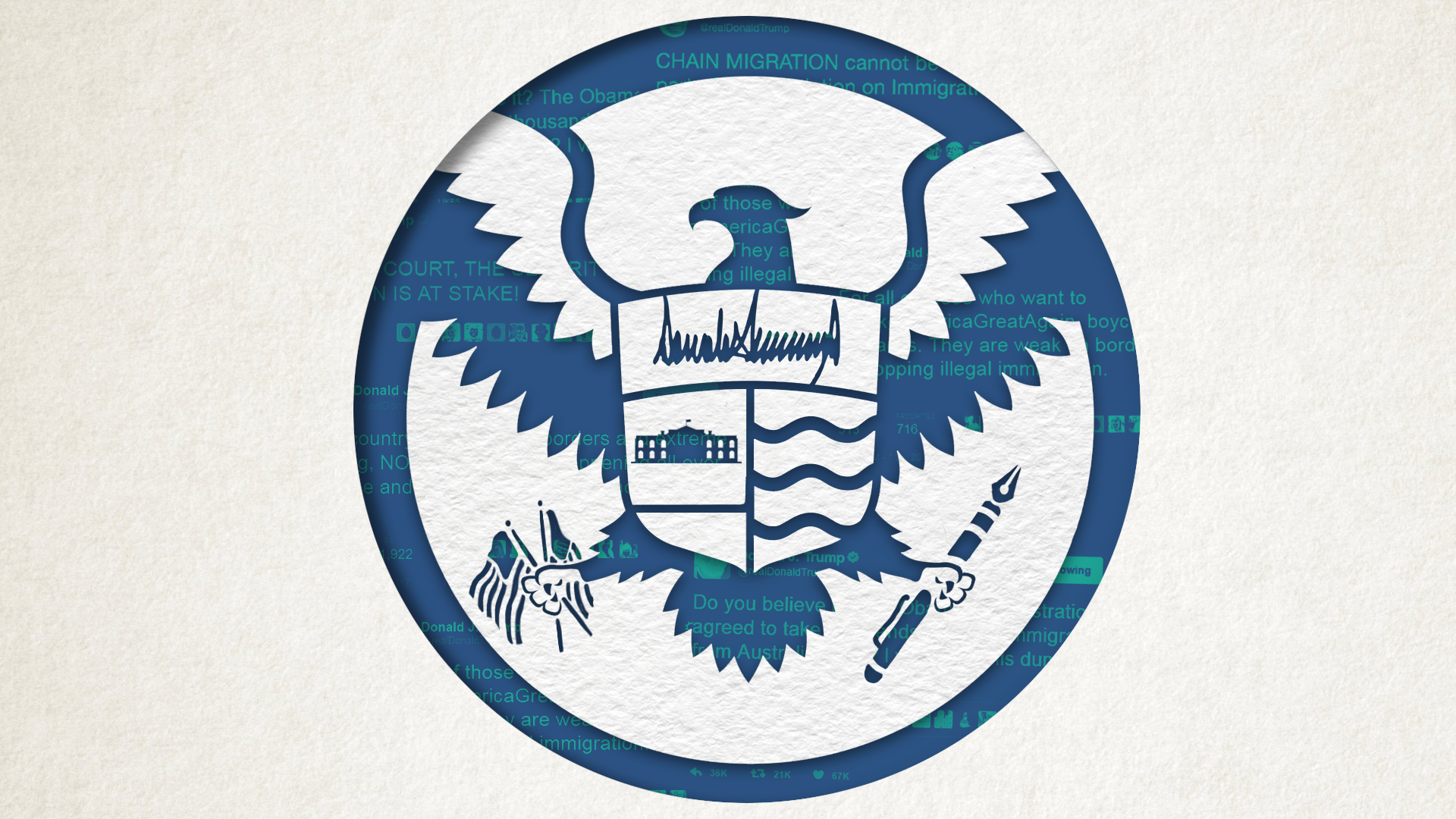 An illustration ofUSCIS symbol with symbols reflecting Trump