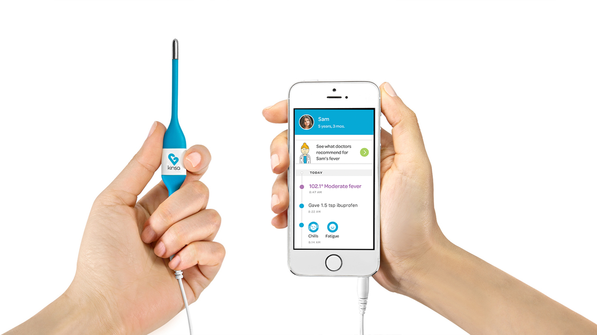 Hands holding an iphone and a thermometer that is connected via wifi. 