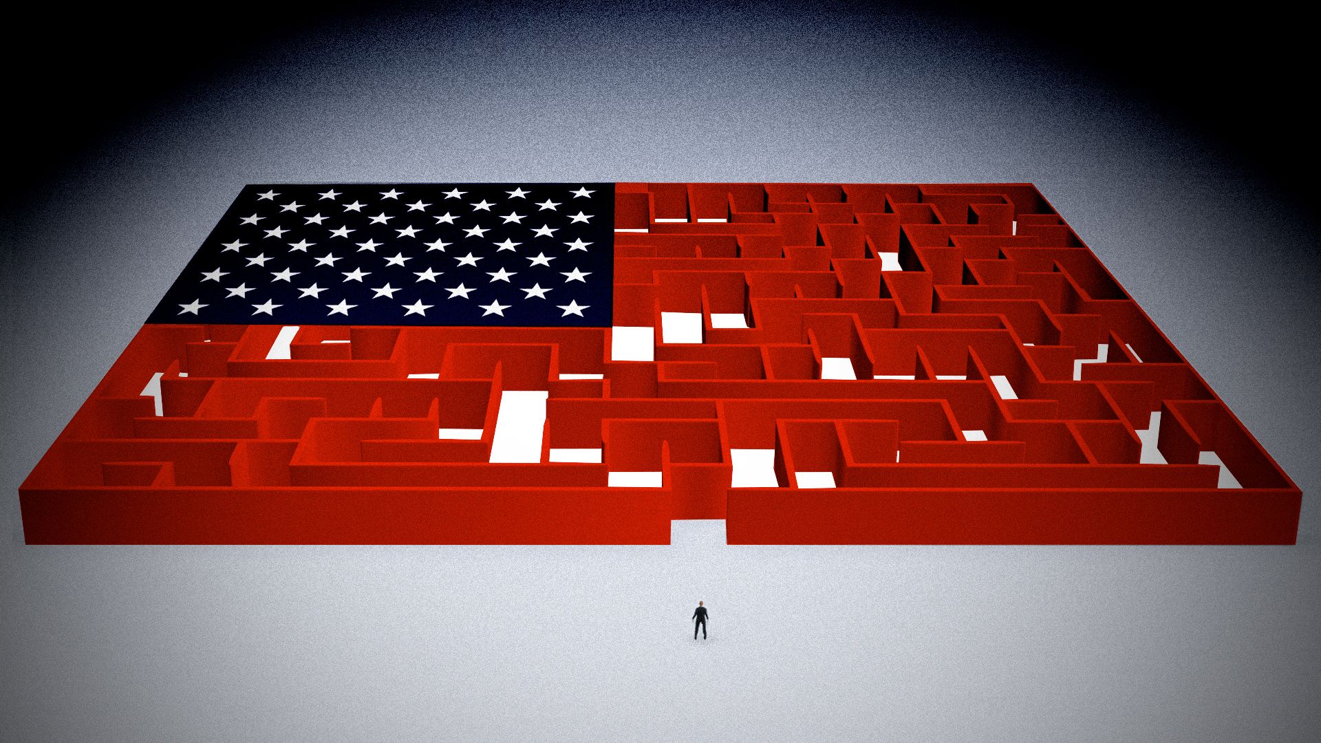 Illustration of a small person in front of a huge maze stylized as an American flag. 