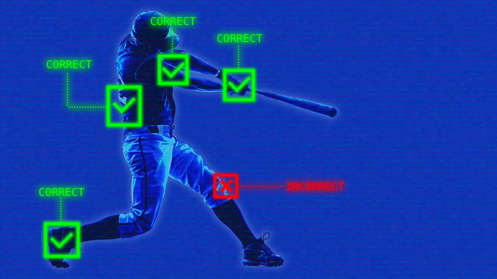 Illustration of a baseball player's batting form being evaluated by technology