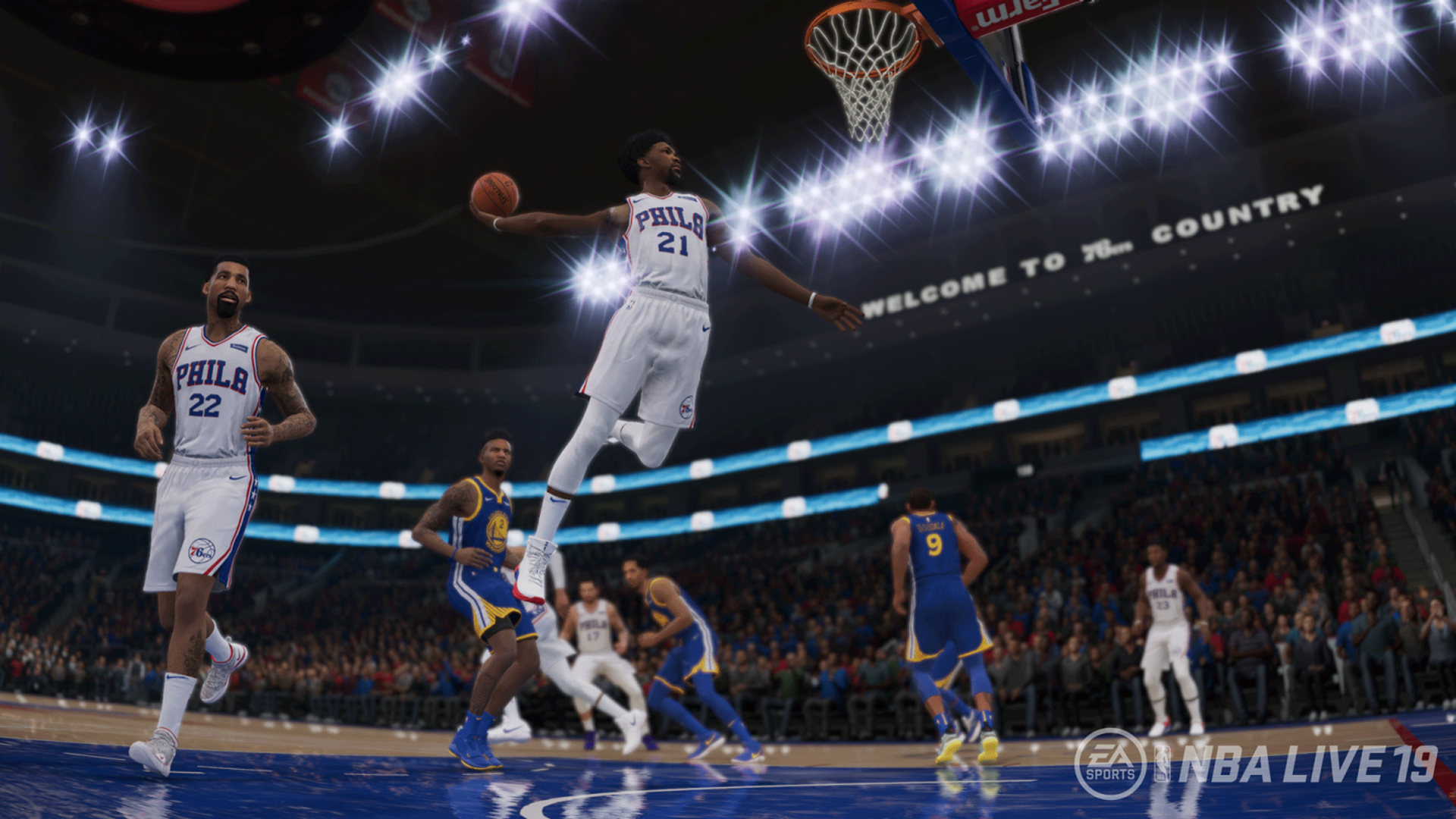 Video game screenshot of people playing basketball