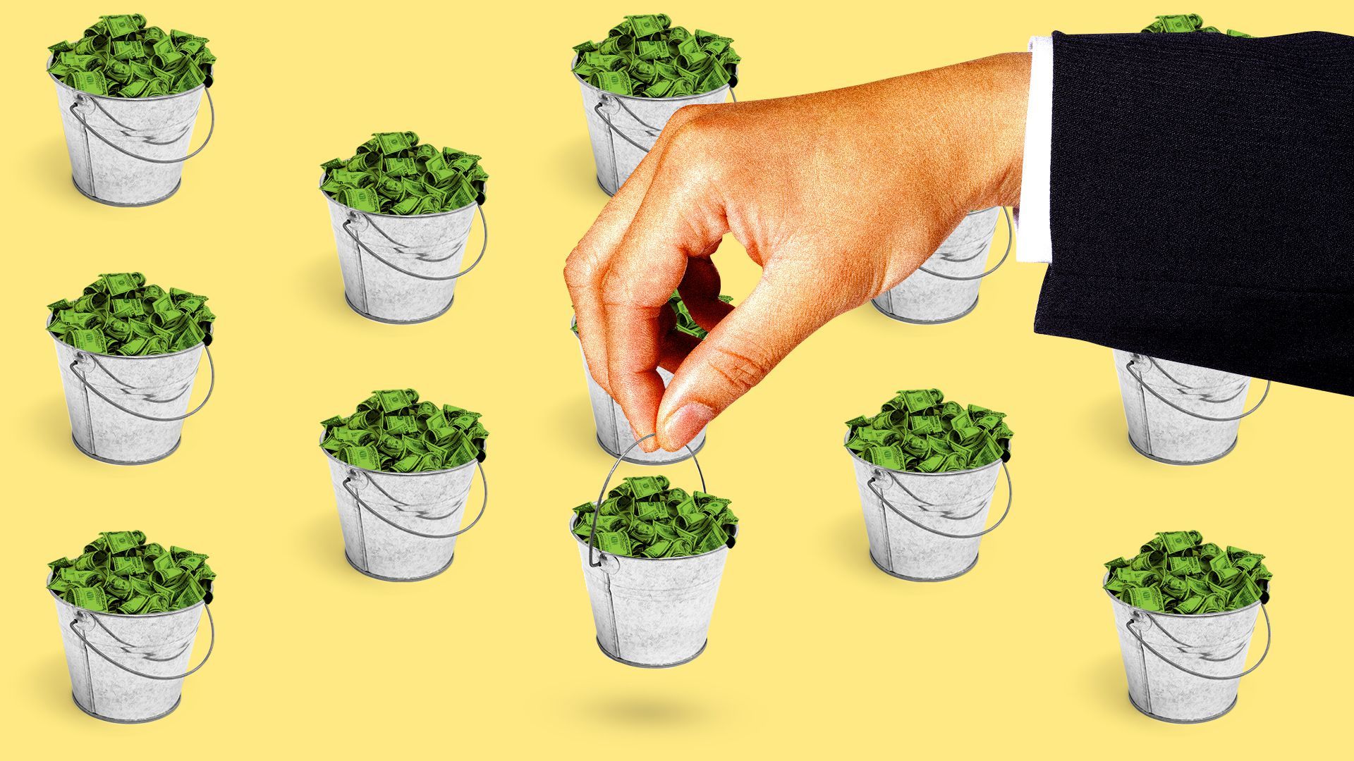 Illustration of a pattern of buckets of money with a giant hand picking up one bucket.