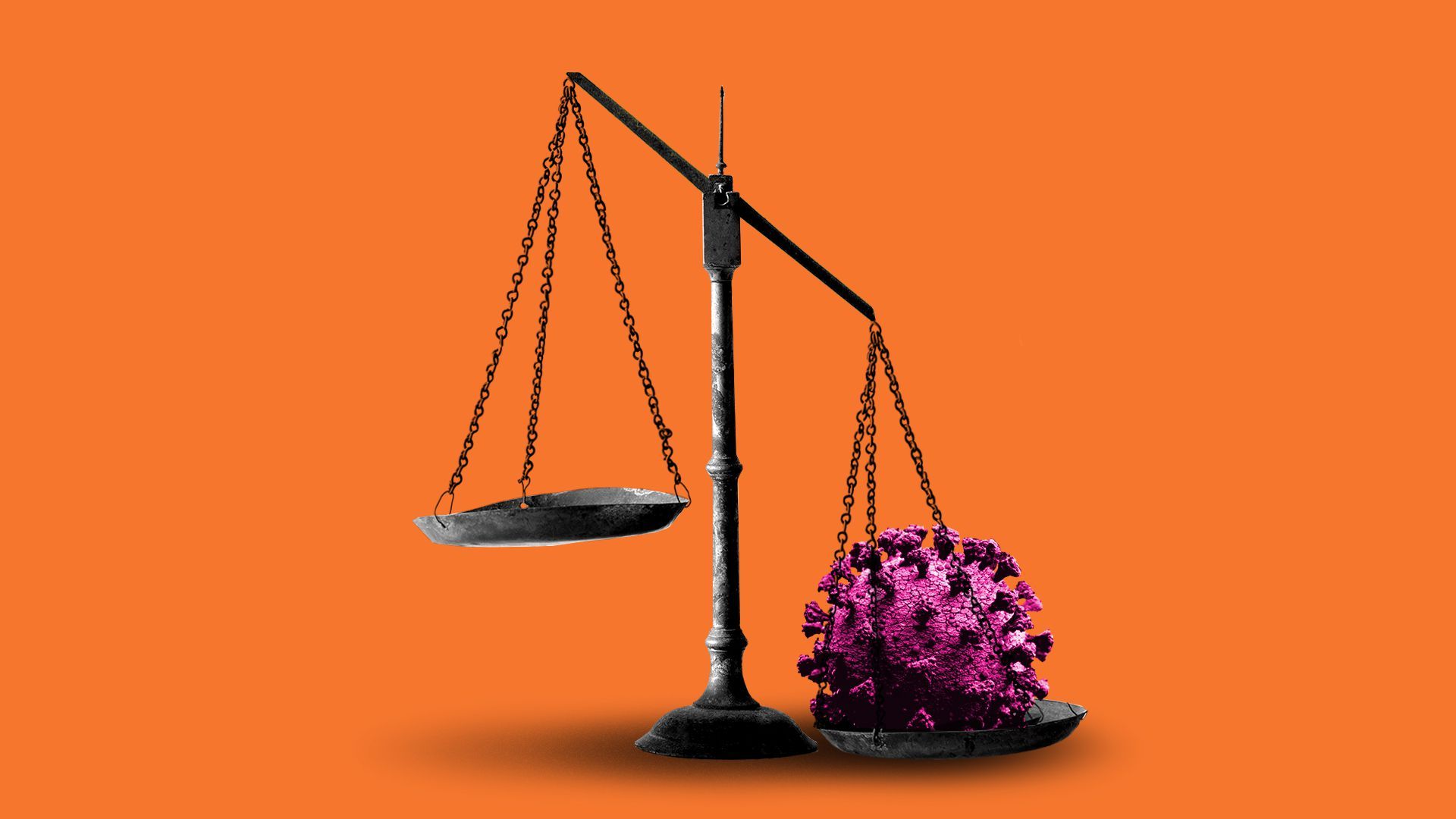 Illustration of a justice scale weighed down dramatically by Coronavirus on one side