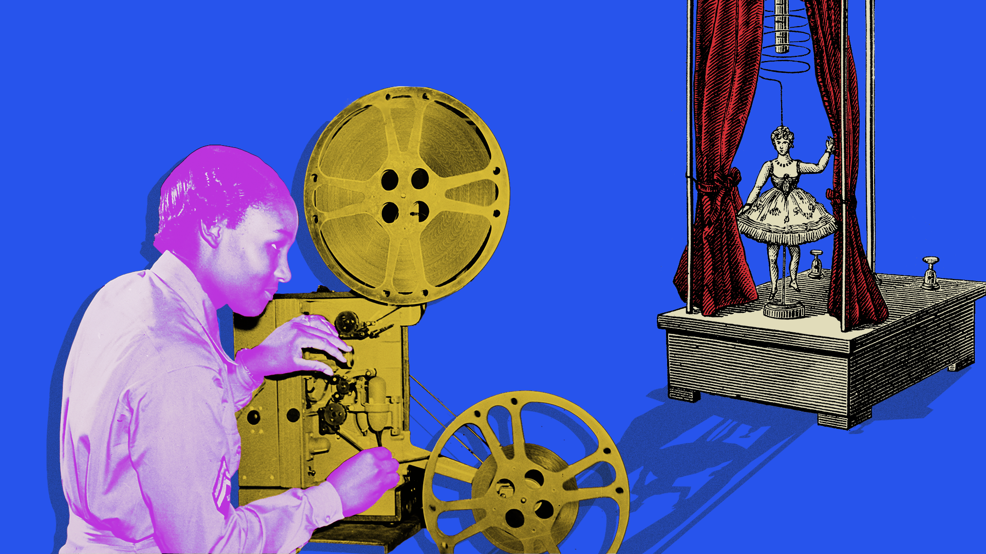 Photo collage of a woman operating a projector and a woodcut of a automated theater puppet.