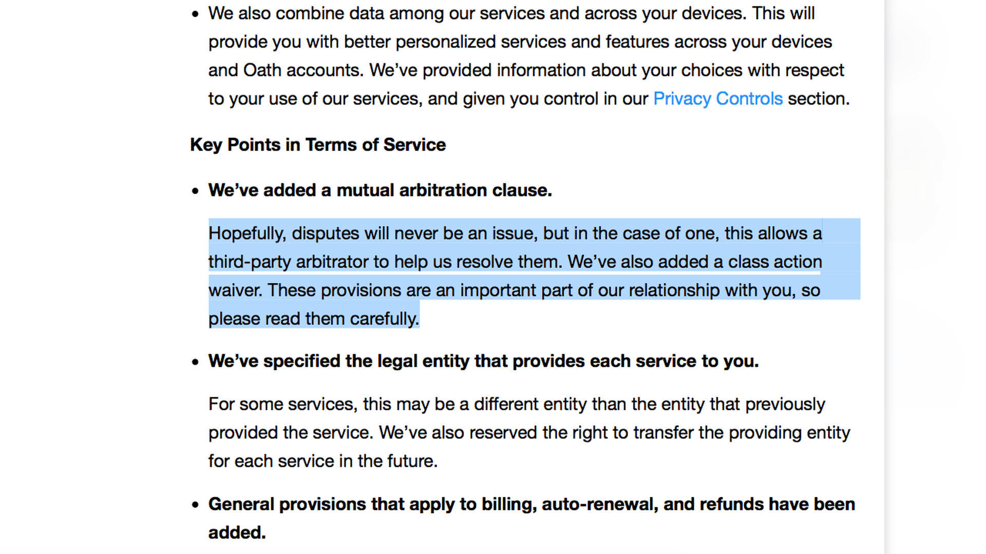 Oath's new terms of service forcing users to give up their class action lawsuit rights.