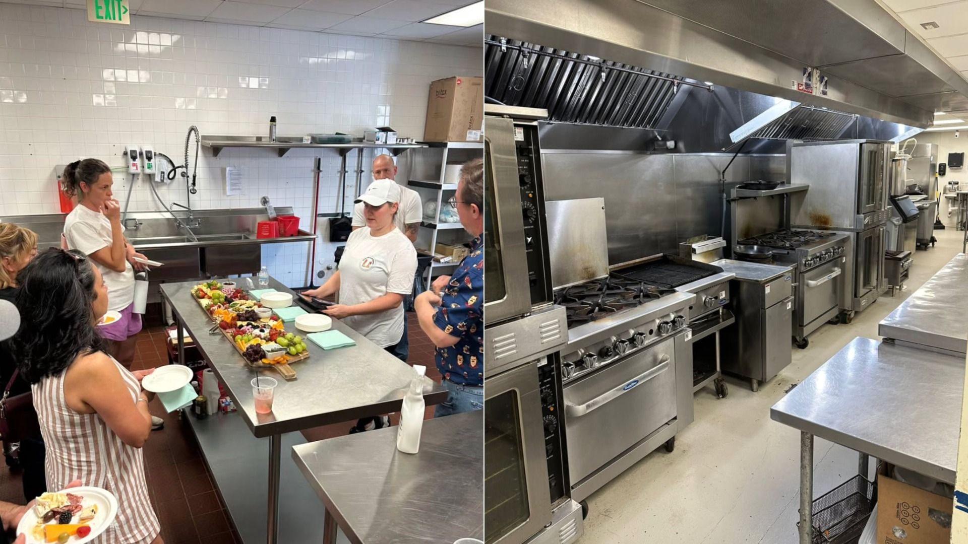 Two-panel view of a commercial kitchen: left shows people in white shirts around a fruit-topped prep table; white tile wall and exit sign. Right shows stainless ovens and a large exhaust hood.