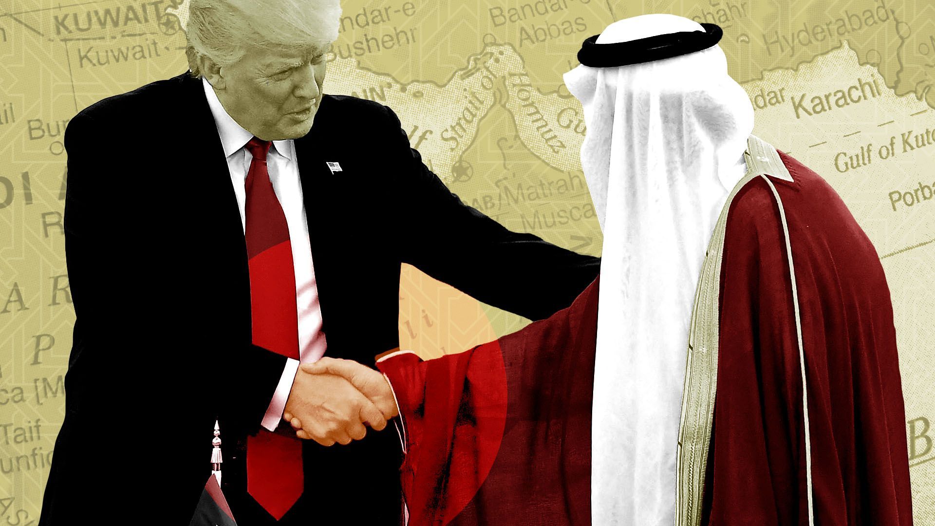 Photo illustration of President Trump shaking hands with Saudi Arabia's King Salman bin Abdulaziz Al Saud with a map of the Gulf States behind them