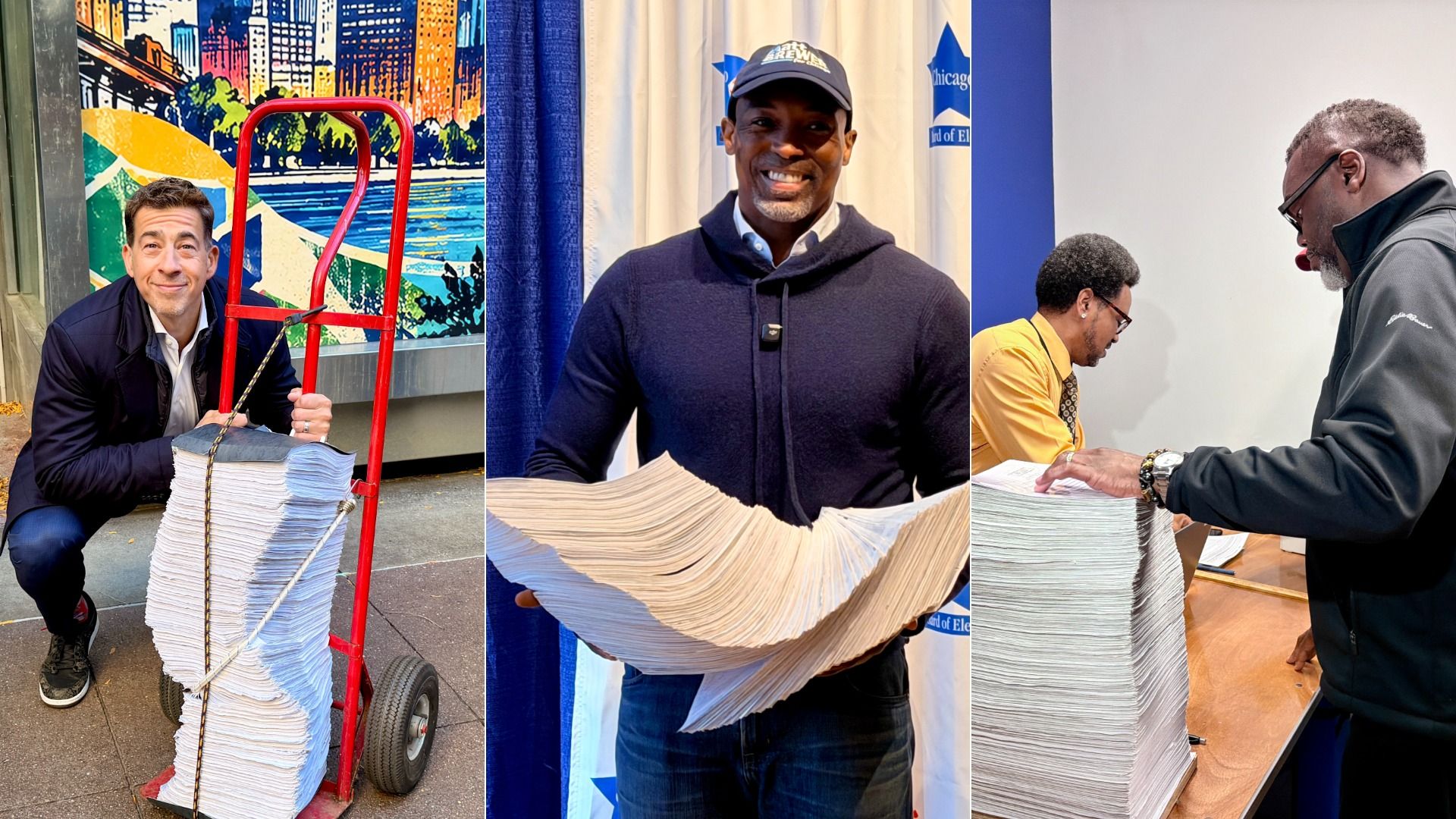 Three-panel photo of men with oversized stacks of papers. Left: a man kneeling beside a red dolly. Center: a smiling man in a cap holds a curved fan of paper. Right: two men lean over a desk, sorting sheets.