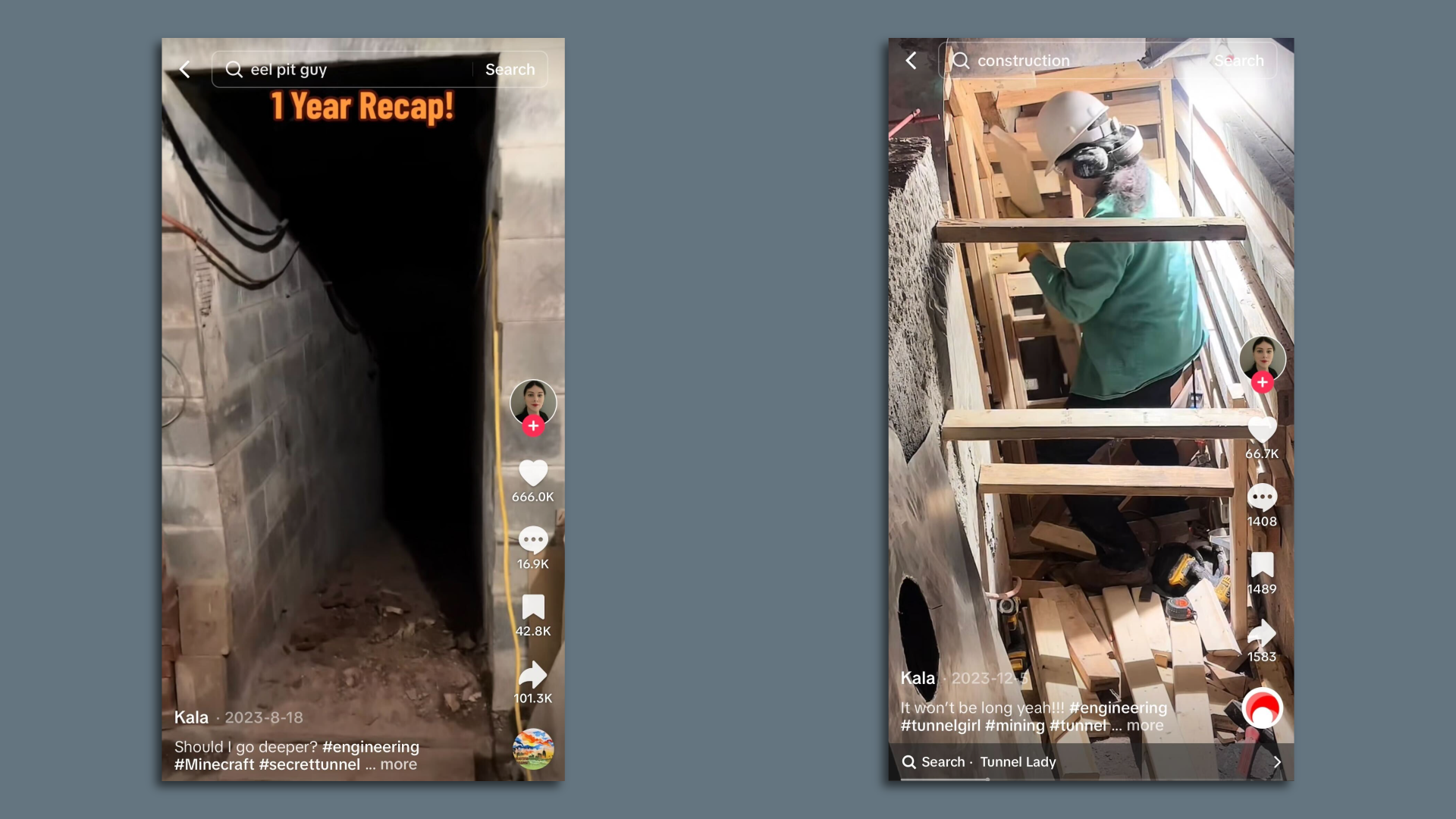 Screenshots of TikTok videos depicting a Northern Virginia woman digging holes under her house.