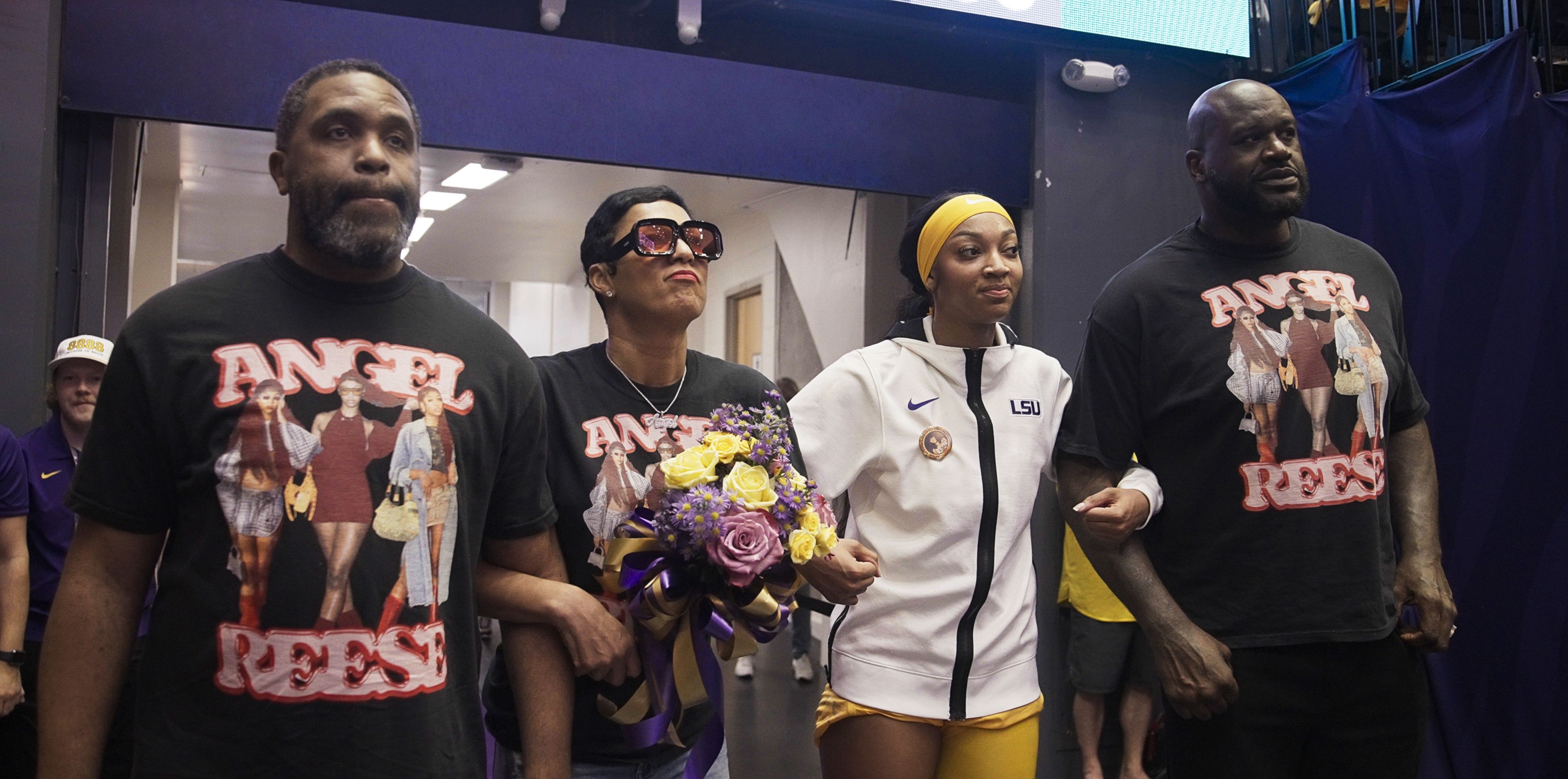 Photo shows Angel Reese and Shaquille O'Neal.