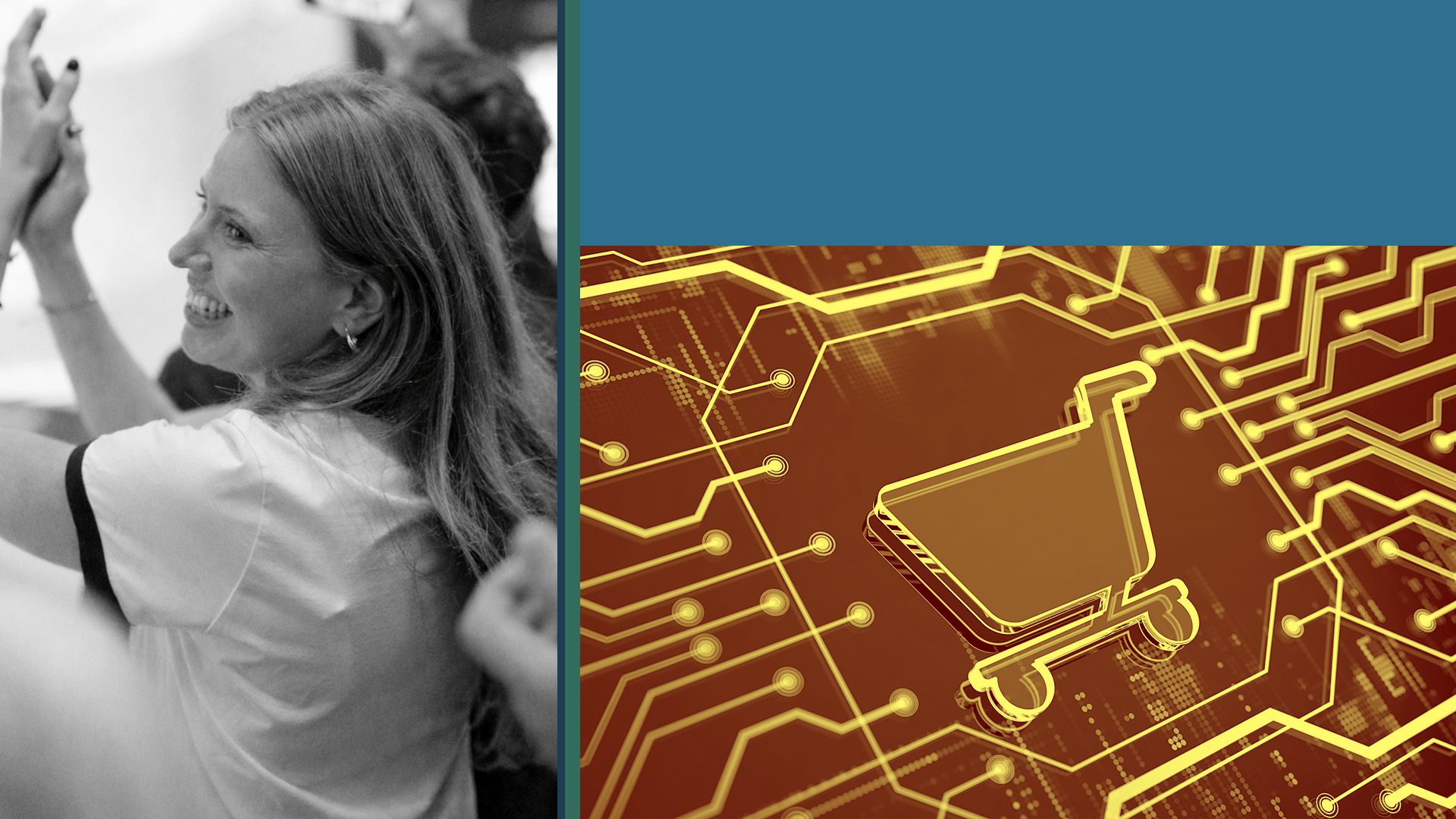 Photo illustration of a collage featuring an image of Filippa Bolz next to colorful rectangles and a 3d image of a circuit board design featuring an online shopping card icon.