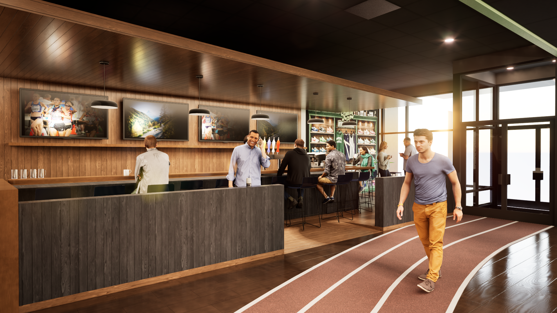 Indoor trackside cafe with wooden walls, framed photos, and hanging lamps. People sit at the counter as sunlight streams through glass doors; a man in a blue shirt and orange pants walks by.