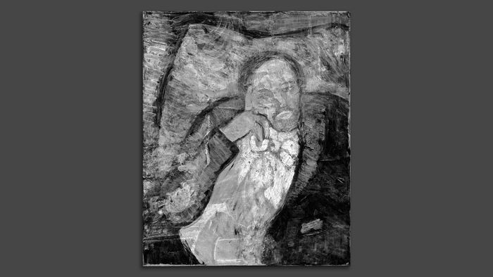 Infrared reflectance image (transform image from the infrared reflectance spectroscopic image cube) showing the portrait of an unknown man beneath Picasso's "The Blue Room" 