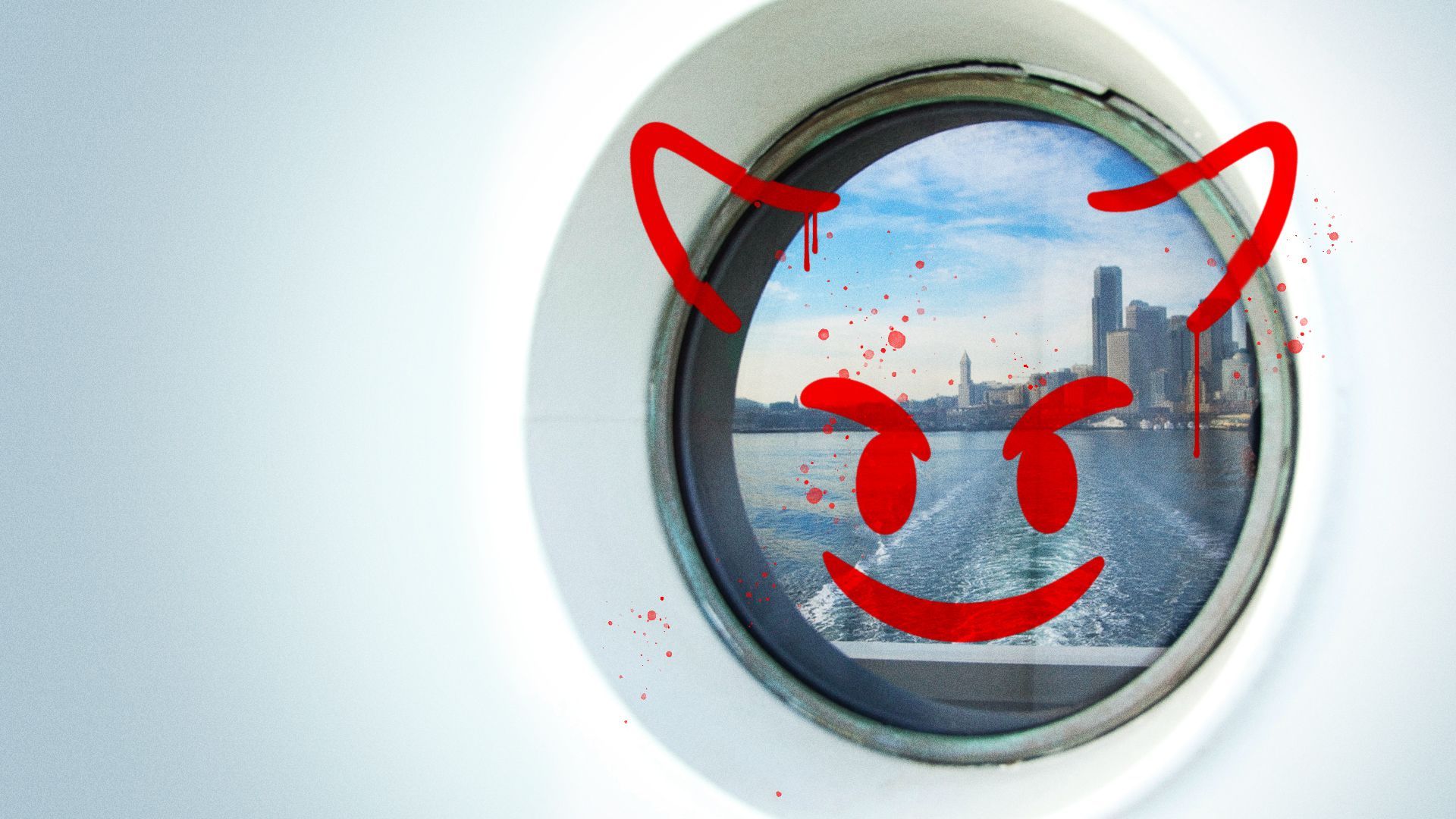 Illustration of a devilish face spray-painted onto the window of a ferry, with Seattle reflected behind. 