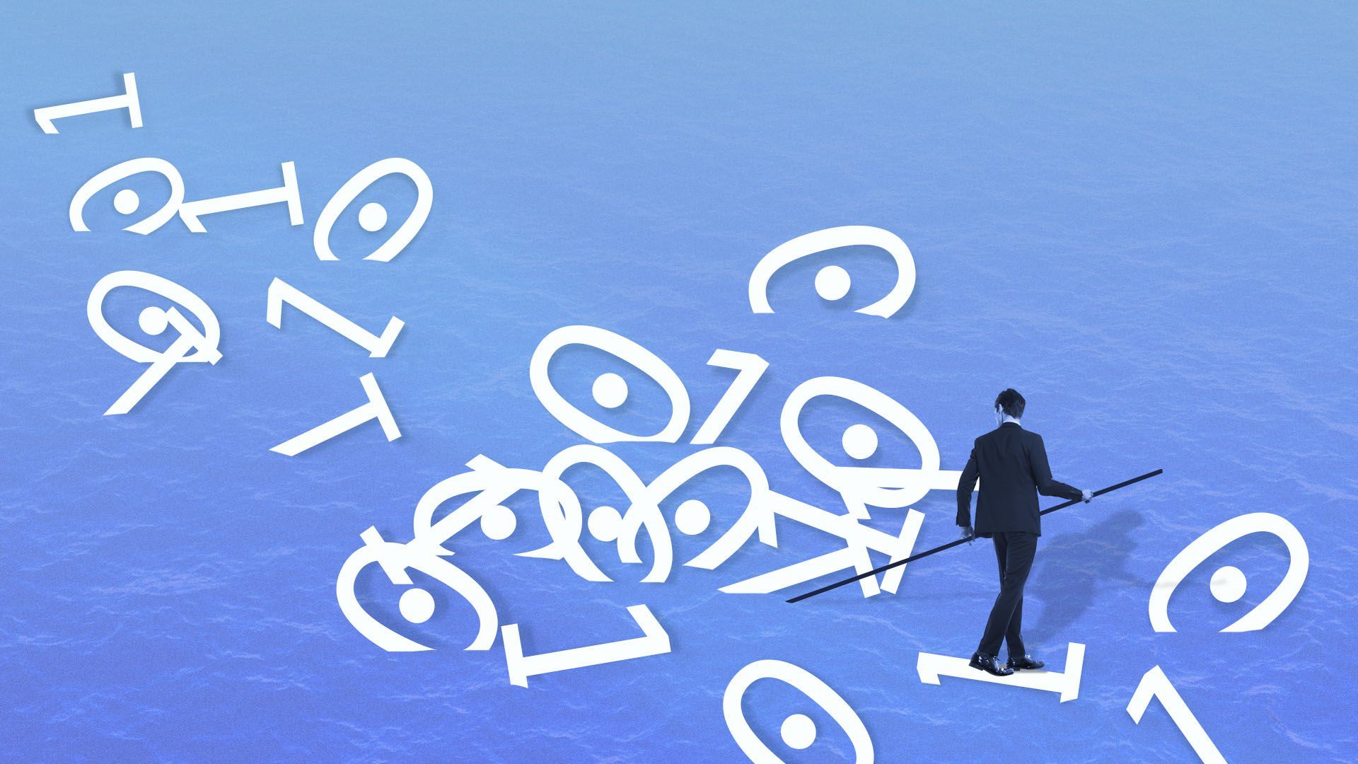 Illustration of a small man in a river directing a logjam of binary code