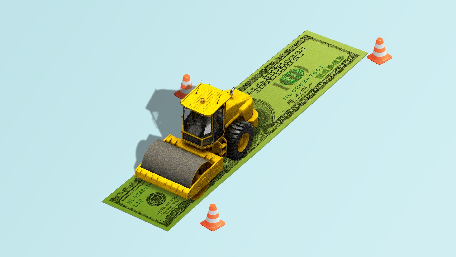 Illustration of a steam roller rolling out a hundred dollar bill and stretching it out.