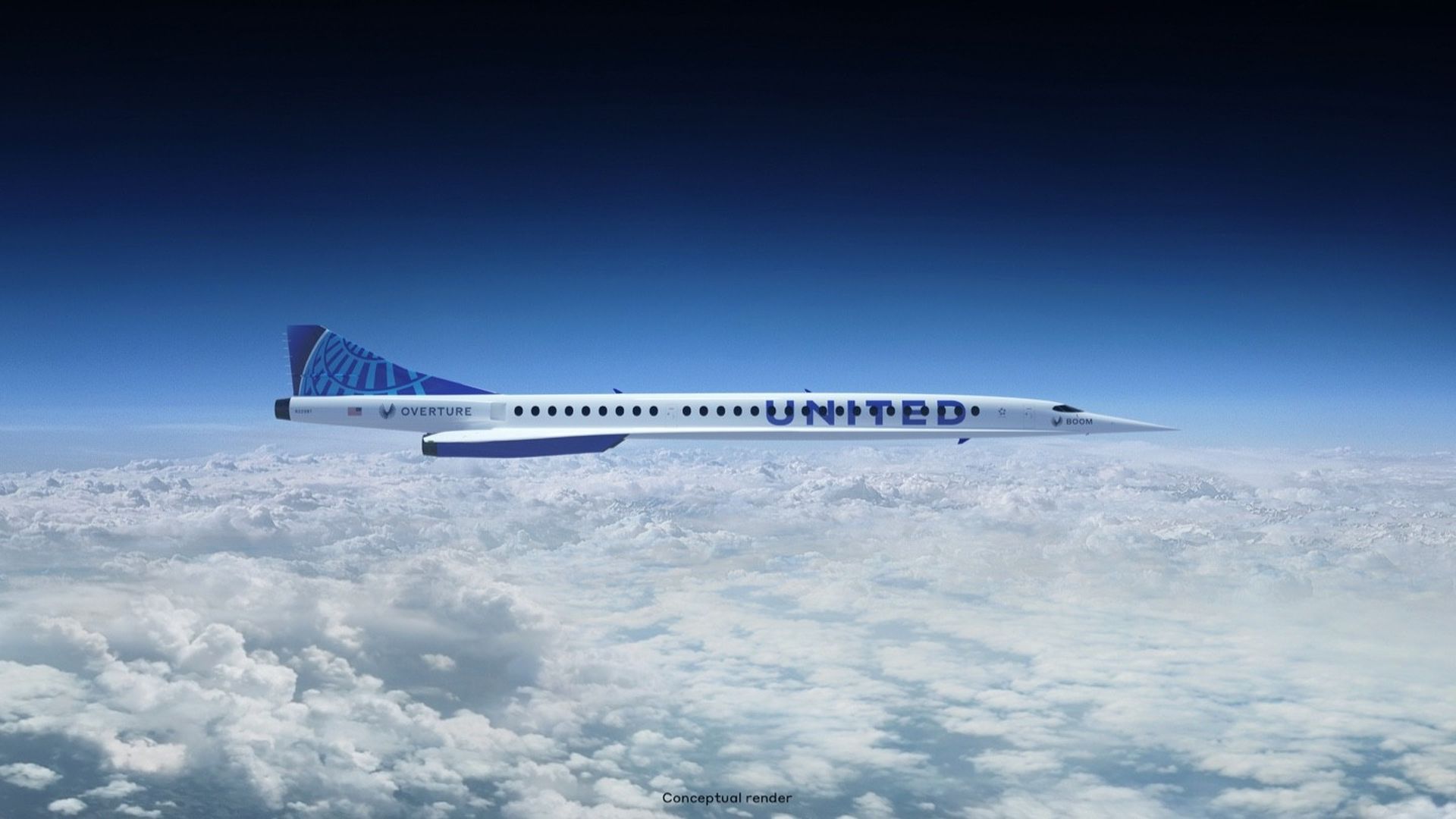 A conceptual render of Boom Supersonic's commercial supersonic jet with United Airlines livery.