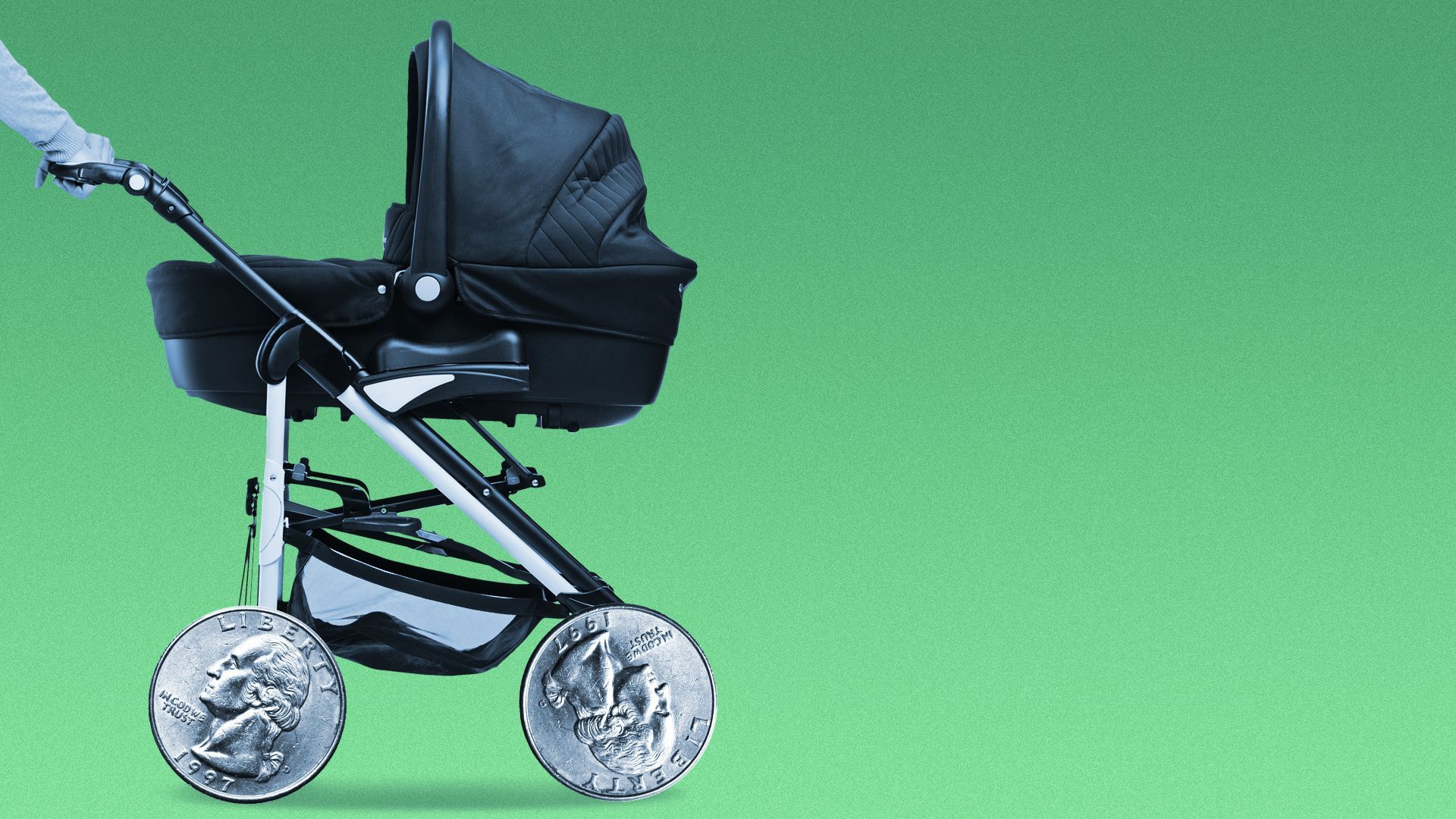 Illustration of a baby stroller with quarters for wheels.