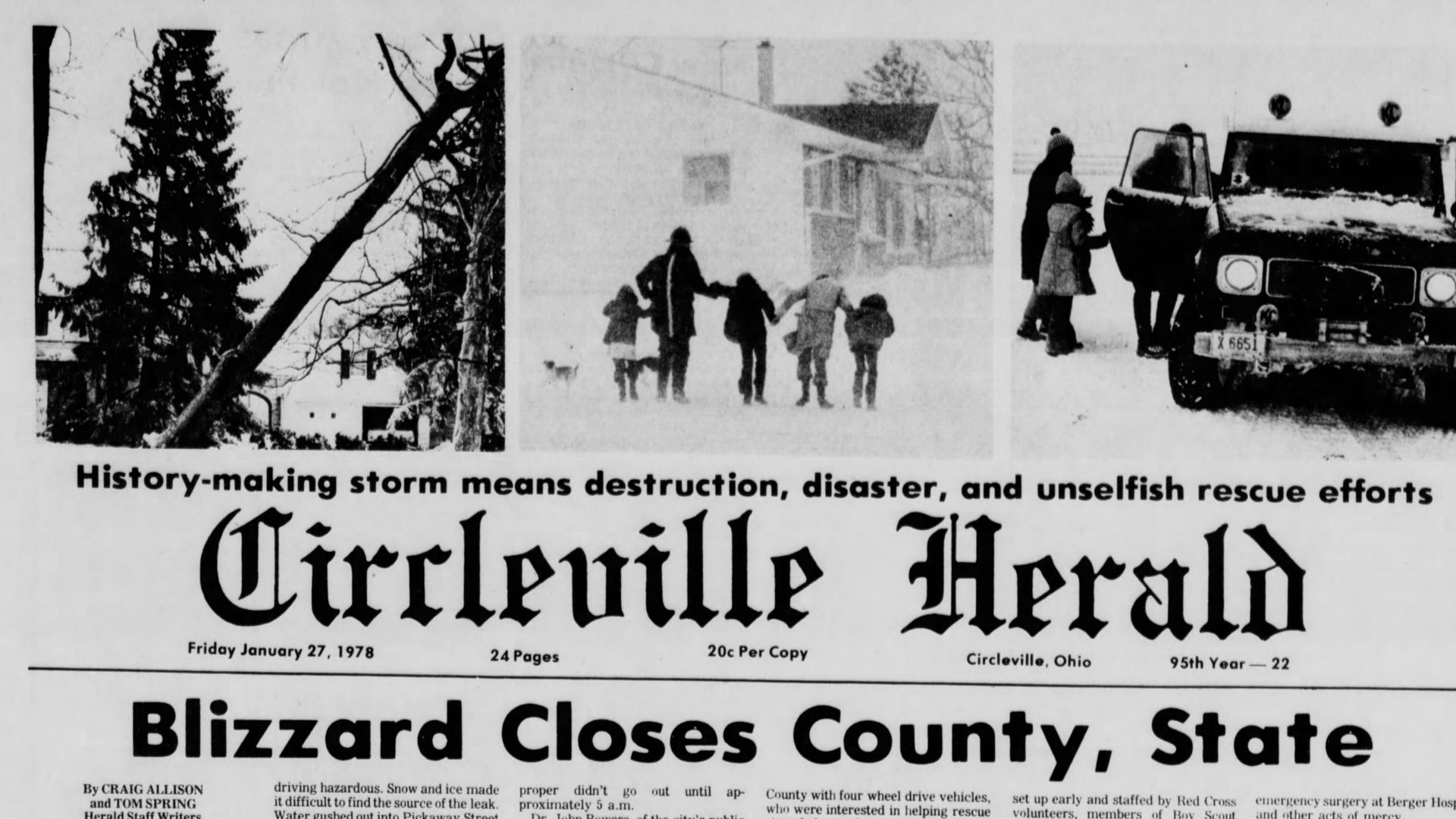 An Ohio newspaper clipping from 1978 reporting "Blizzard closes county, state"