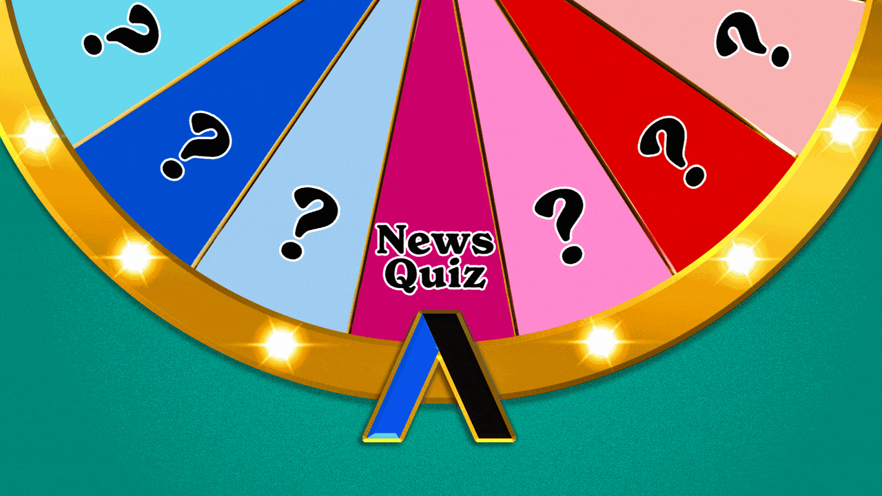 Illustration of a wheel of fortune spinning and landing on "News Quiz." The arrow pointing to "News Quiz" is an Axios A.