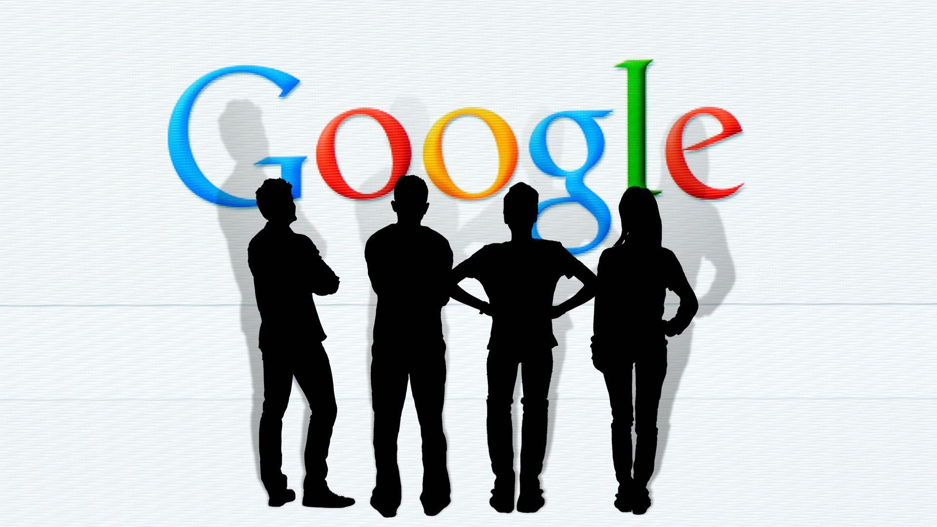 An illustration of four peoples' silhouettes in front of a Google logo