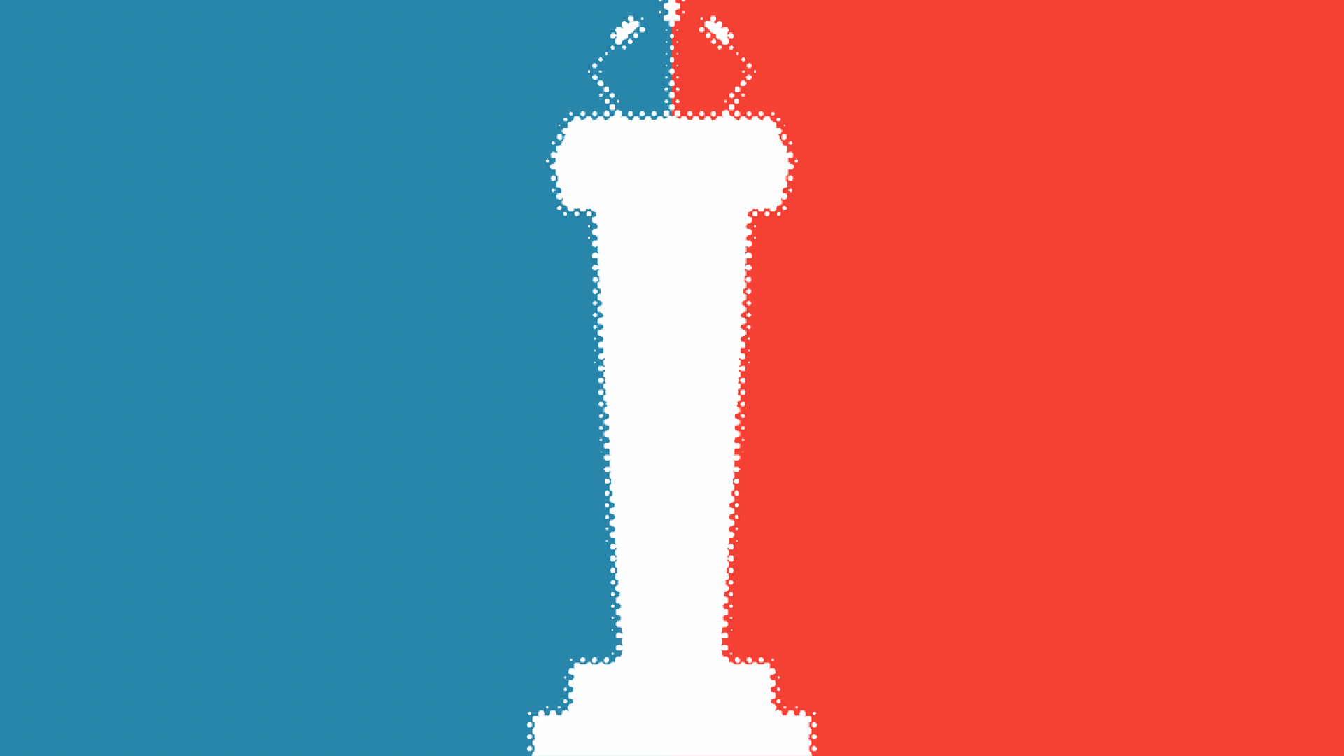 Illustration of a white podium changing into a voting booth and then changing into three campaign signs, over a divided red and blue background.