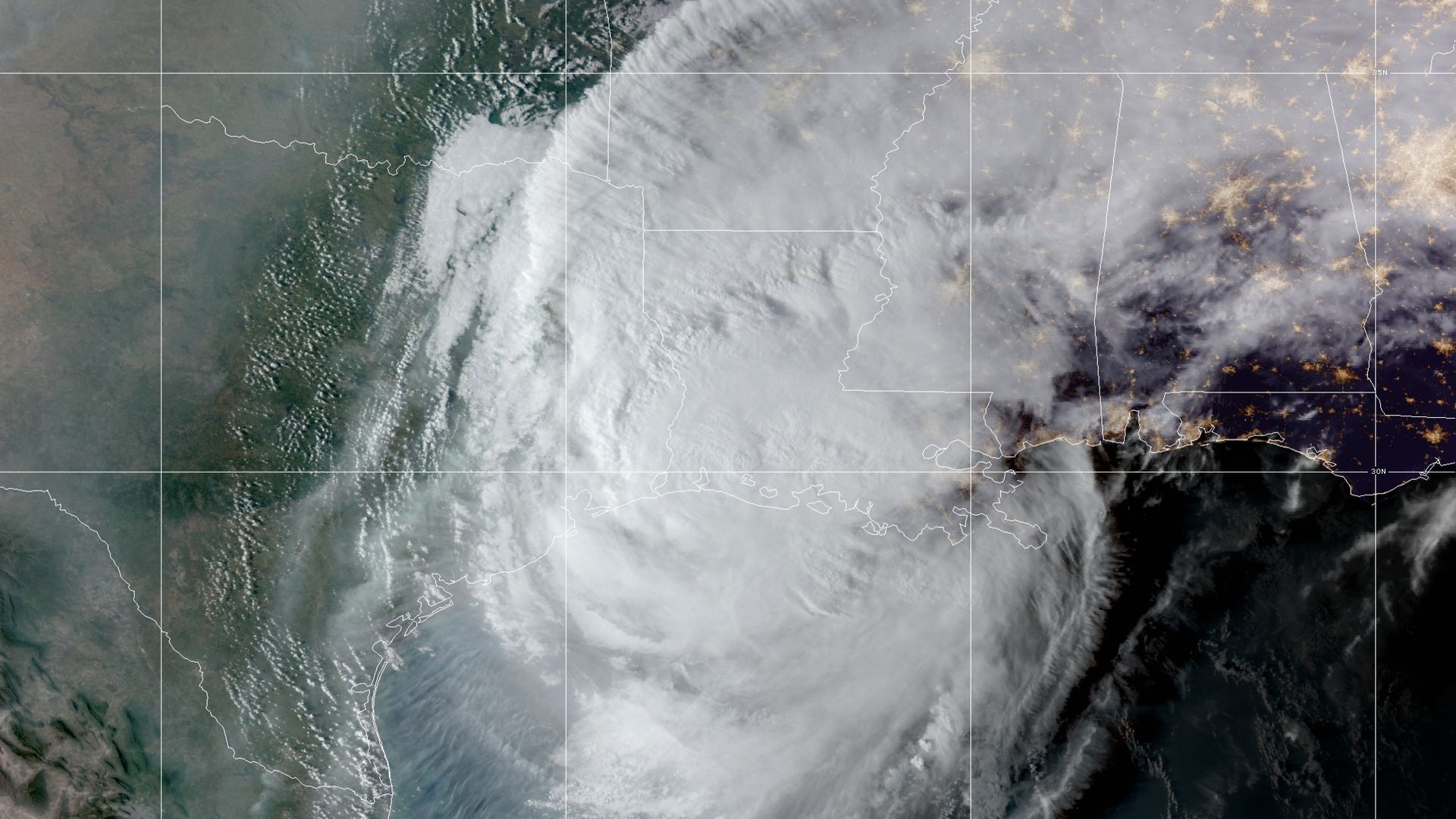 Satellite image of Hurricane Delta as it makes landfall.