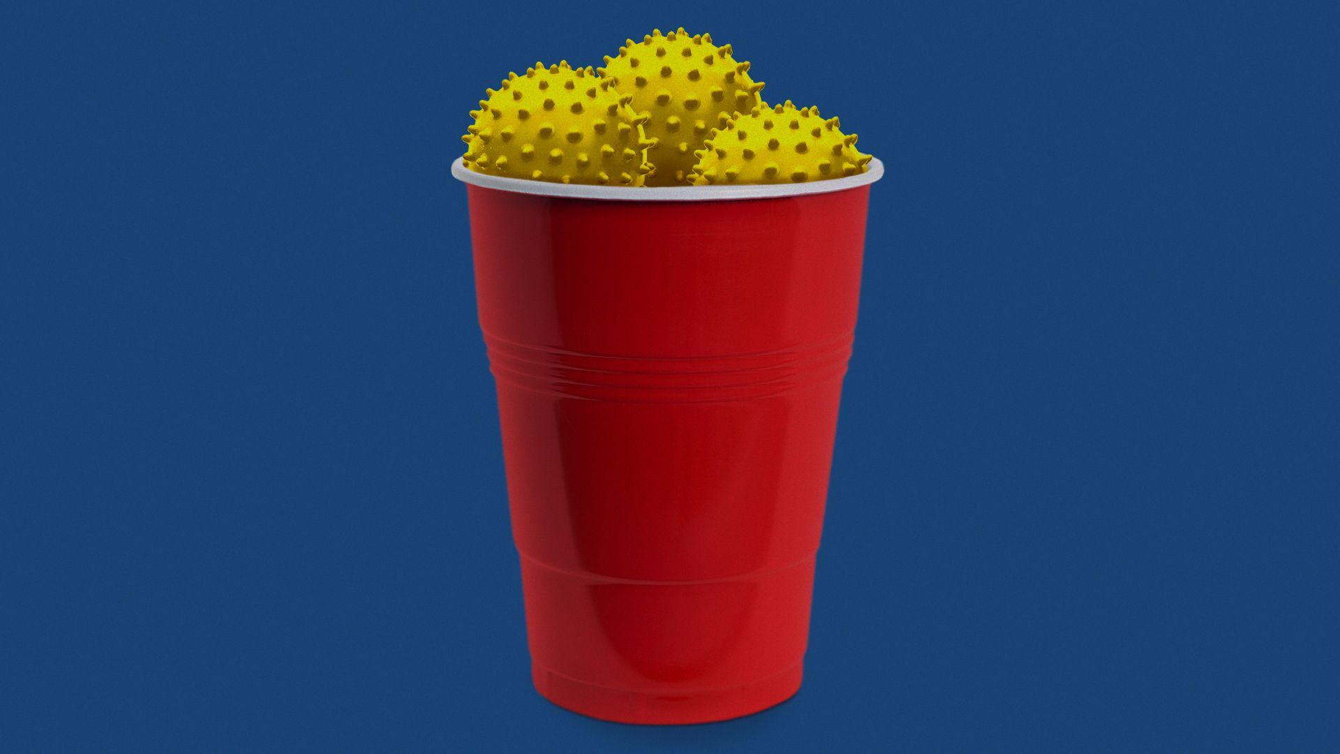 Illustration of a red solo party cup filled with yellow covid-shaped ping-pong balls.