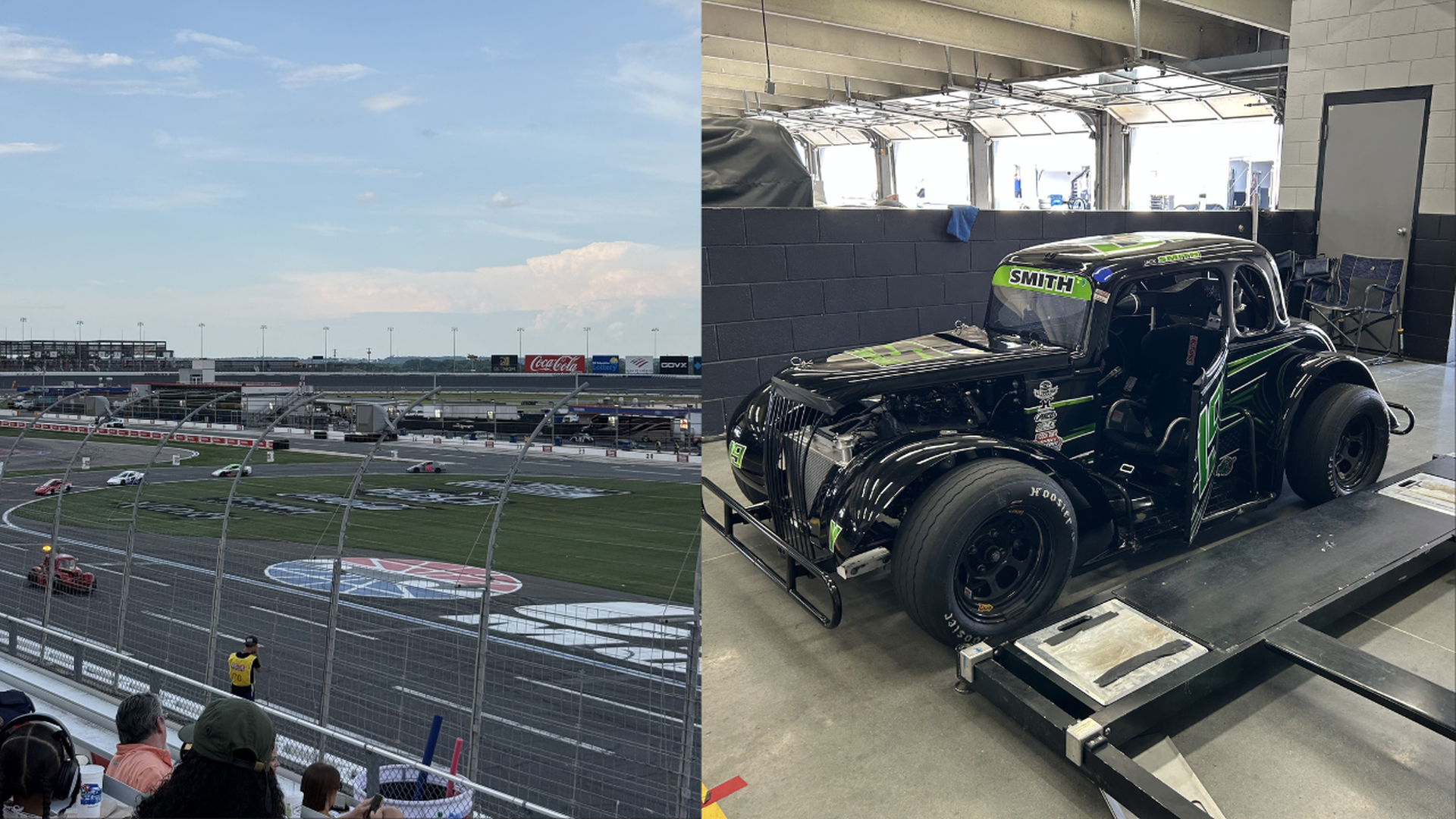 Split view: left a NASCAR-style race track with cars, barriers and stands; right a black and green race car in a garage on a lift, windshield says SMITH.