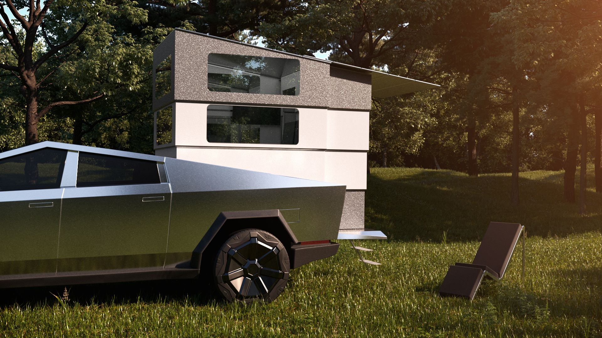 Computer-generated image of a Cyberlandr pop-up camper in the bed of a Tesla Cyber truck. 