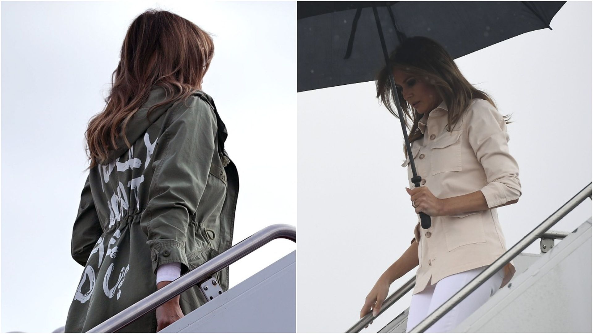 Melania Trump boarding and de-boarding the plane in different outfits.