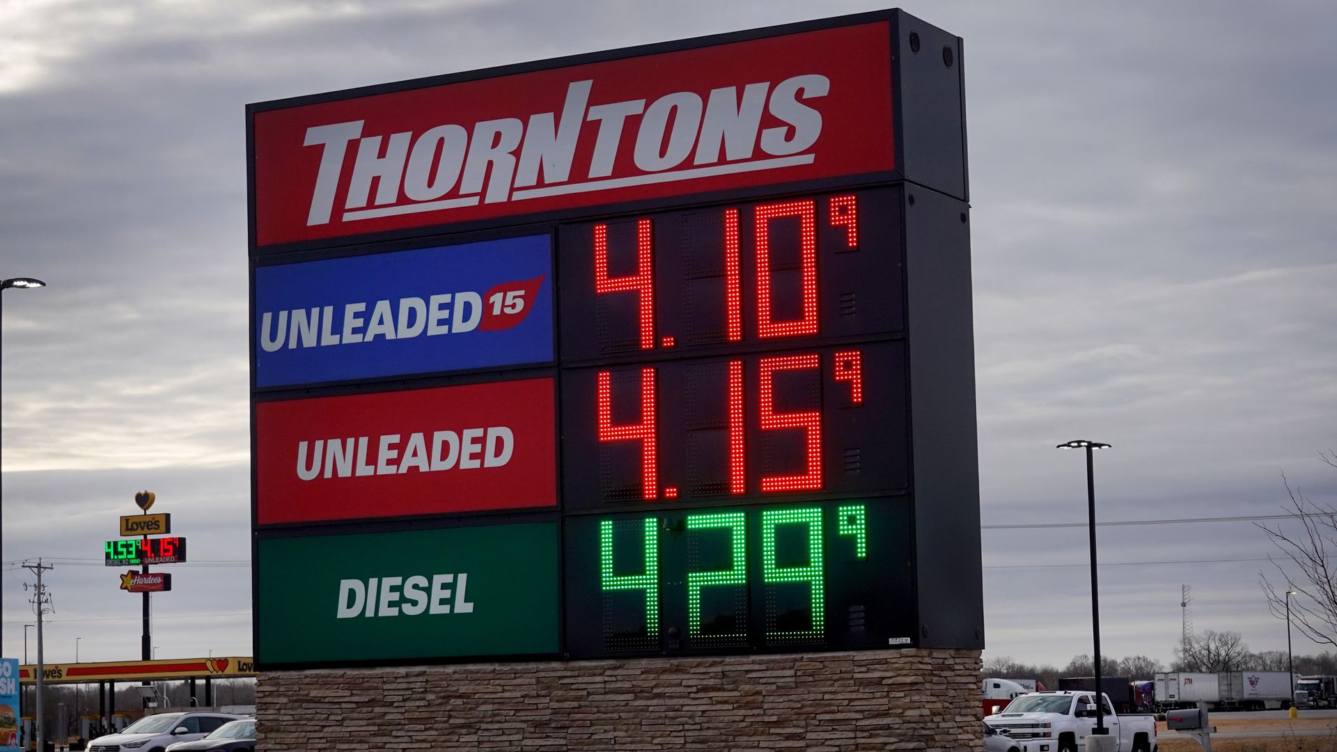 Gas prices displayed on a sign at a gas station on March 3 in Roscoe, Illinois.