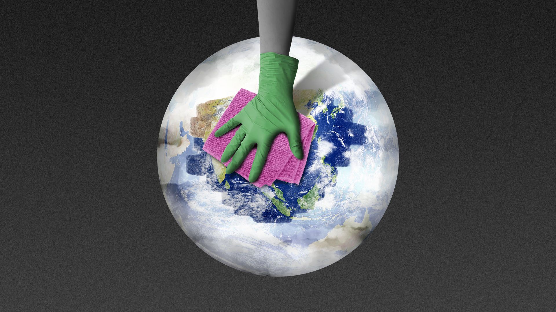Illustration of a hand with a medical glove wiping a clear spot on a smoggy Earth.