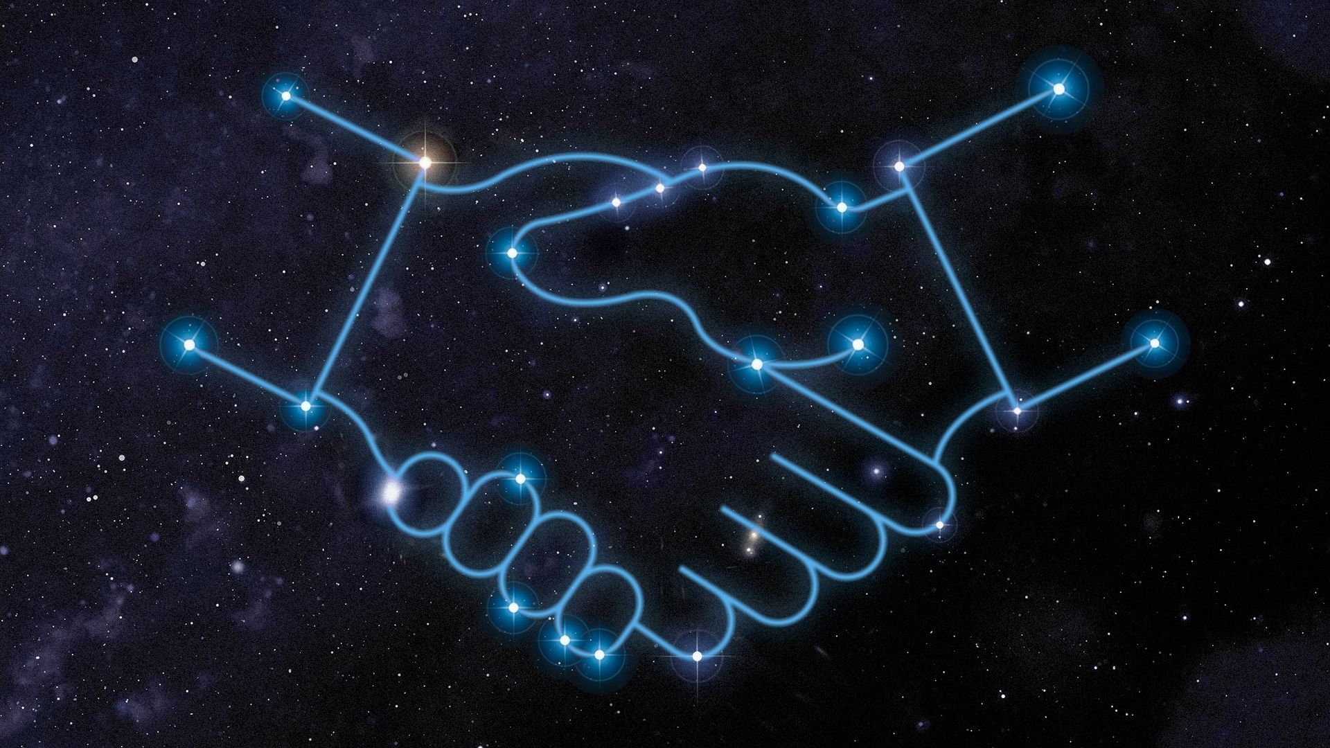 Illustration of a constellation tracing forming the shape of two hands shaking