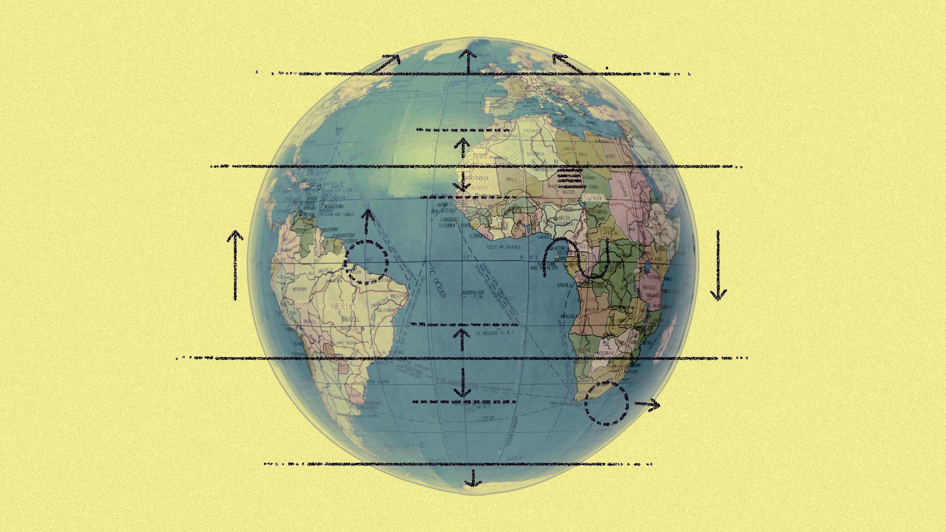 A globe map of earth with revision marks overlaid on top