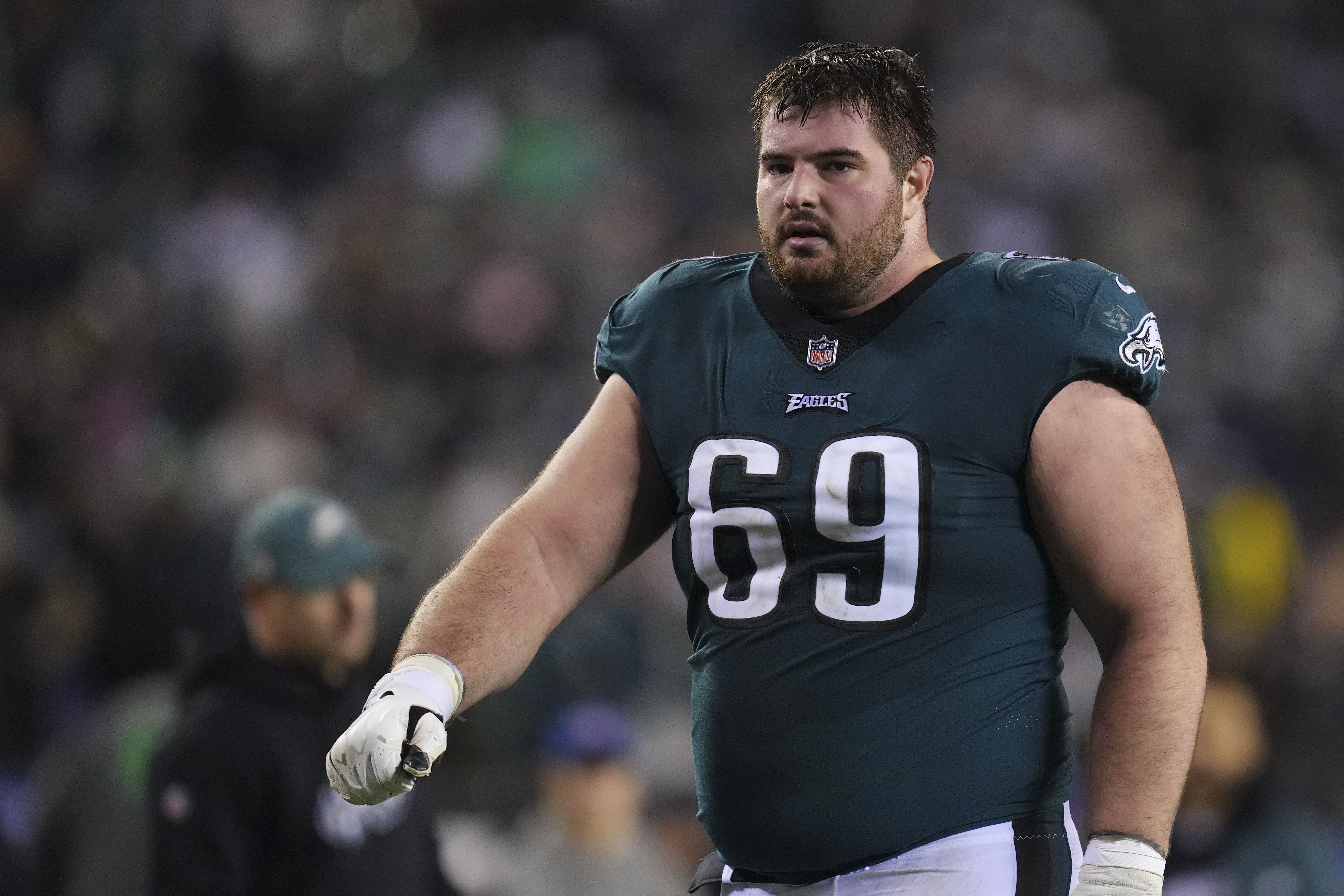 Landon Dickerson #69 of the Philadelphia Eagles walks to the locker room against the New York Giants during the NFC Divisional Playoff game at Lincoln Financial Field on January 21, 2023 in Philadelphia, Pennsylvania. (Photo by Mitchell Leff/Getty Images)